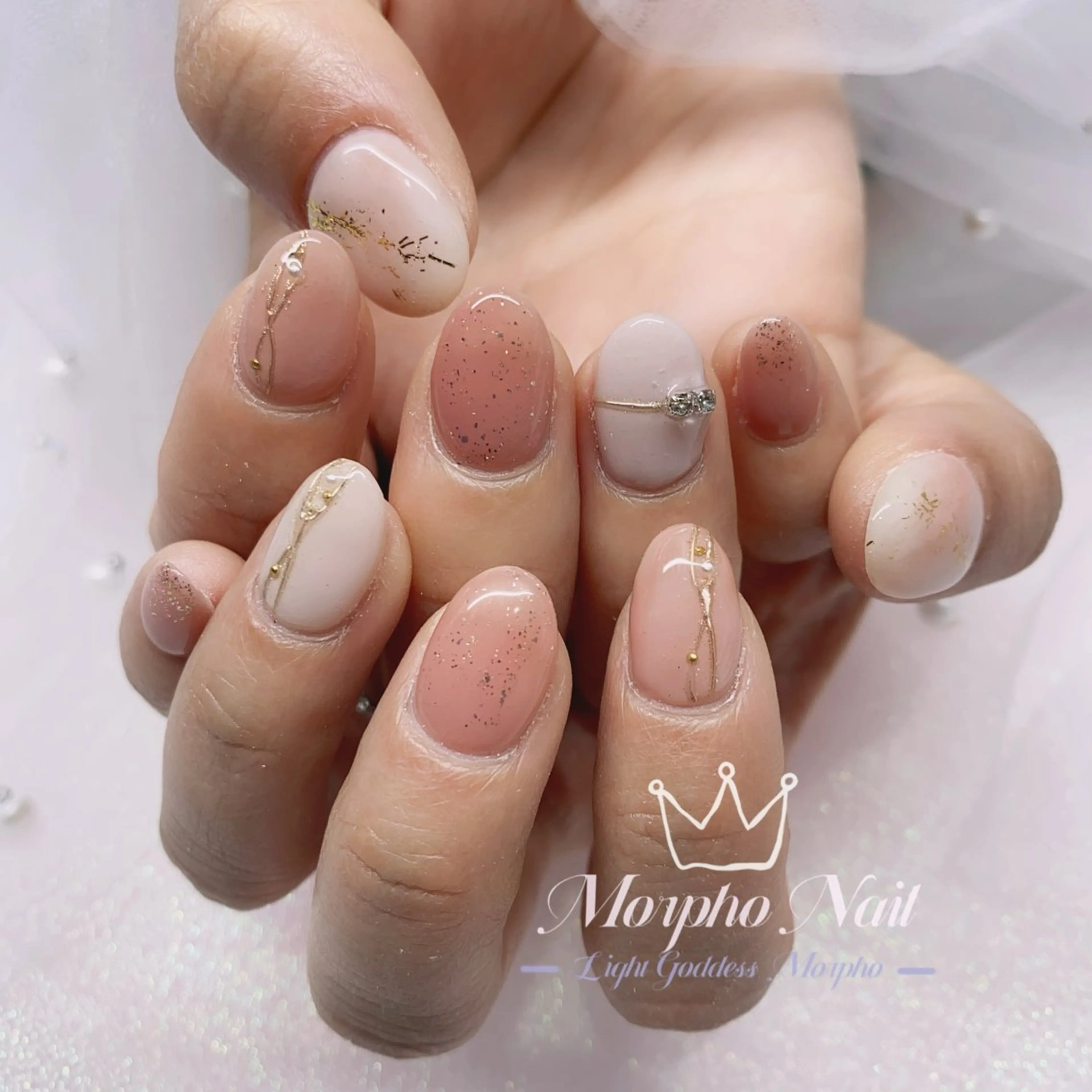 ネイル 長さ出し ジェルネイル キラキラネイル 大理石ネイル(マーブル) ニュアンスネイル Morpho nailのネイルデザイン