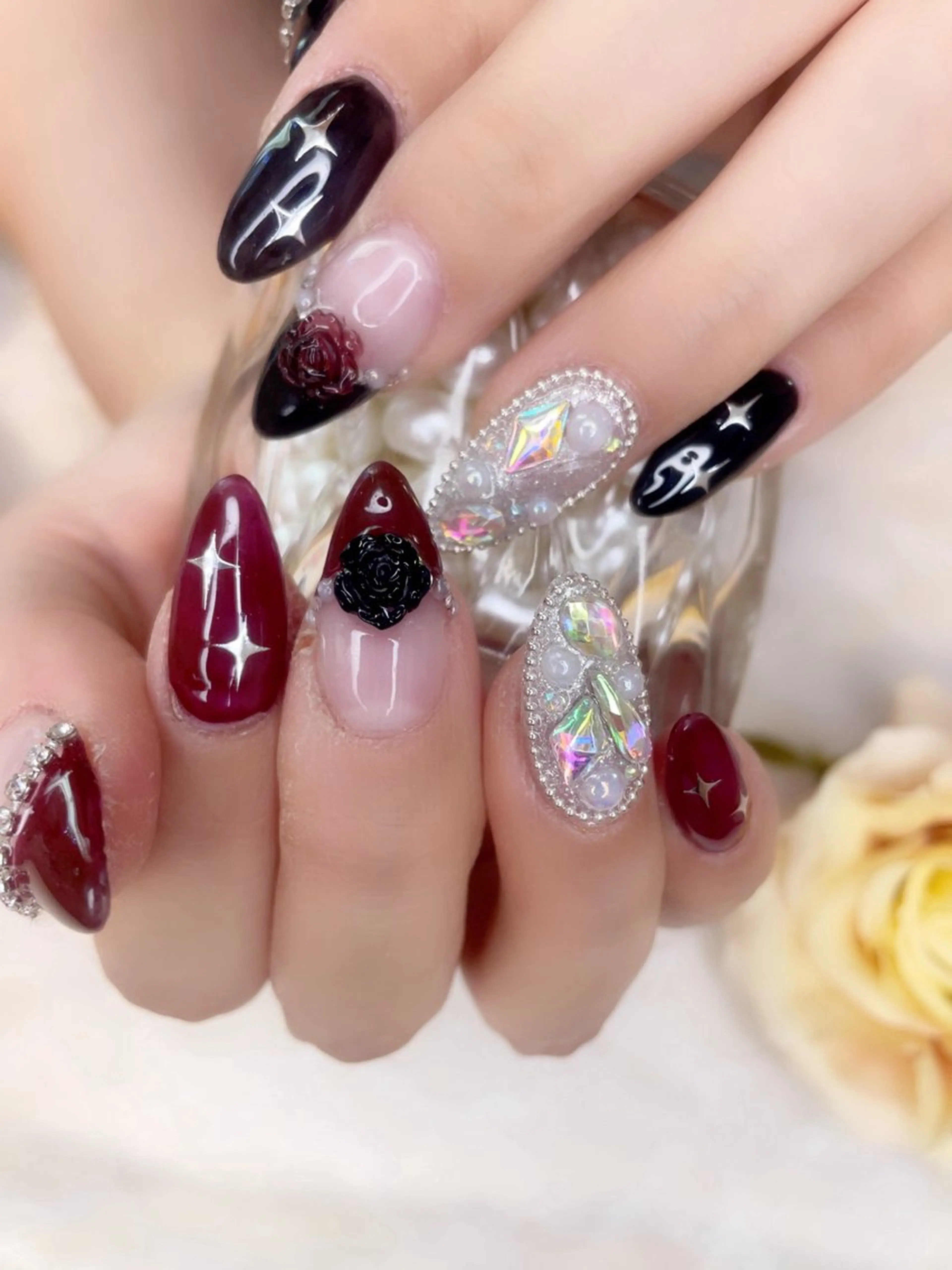 ネイル ボルドー 長さ出し ストーンネイル A.free✧*｡ アレルギー対応✧*｡のネイルデザイン