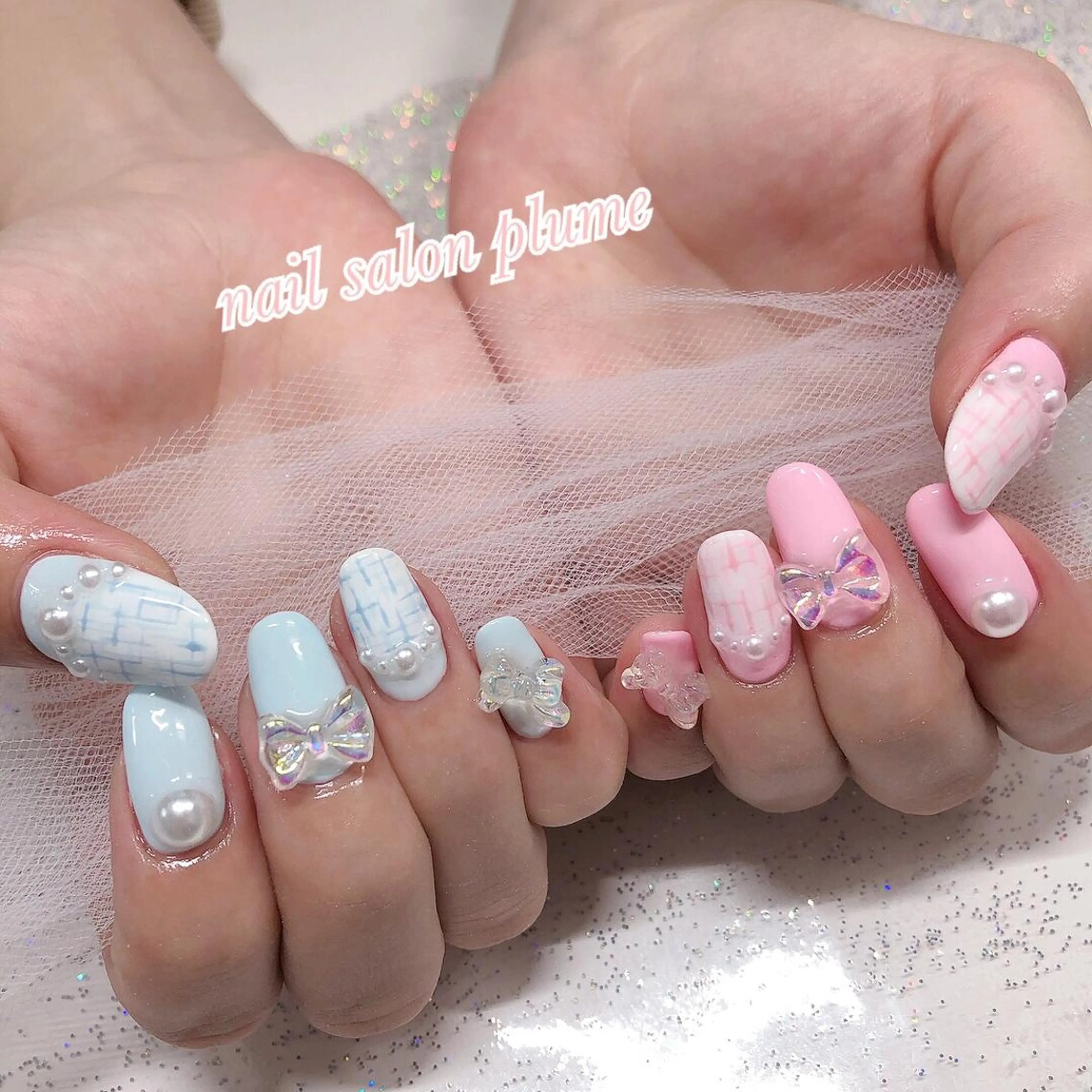 ネイル アートネイル ブルー クリアネイル ハート キラキラネイル ハンドネイル plume nail ☆韓国ネイルのネイルデザイン