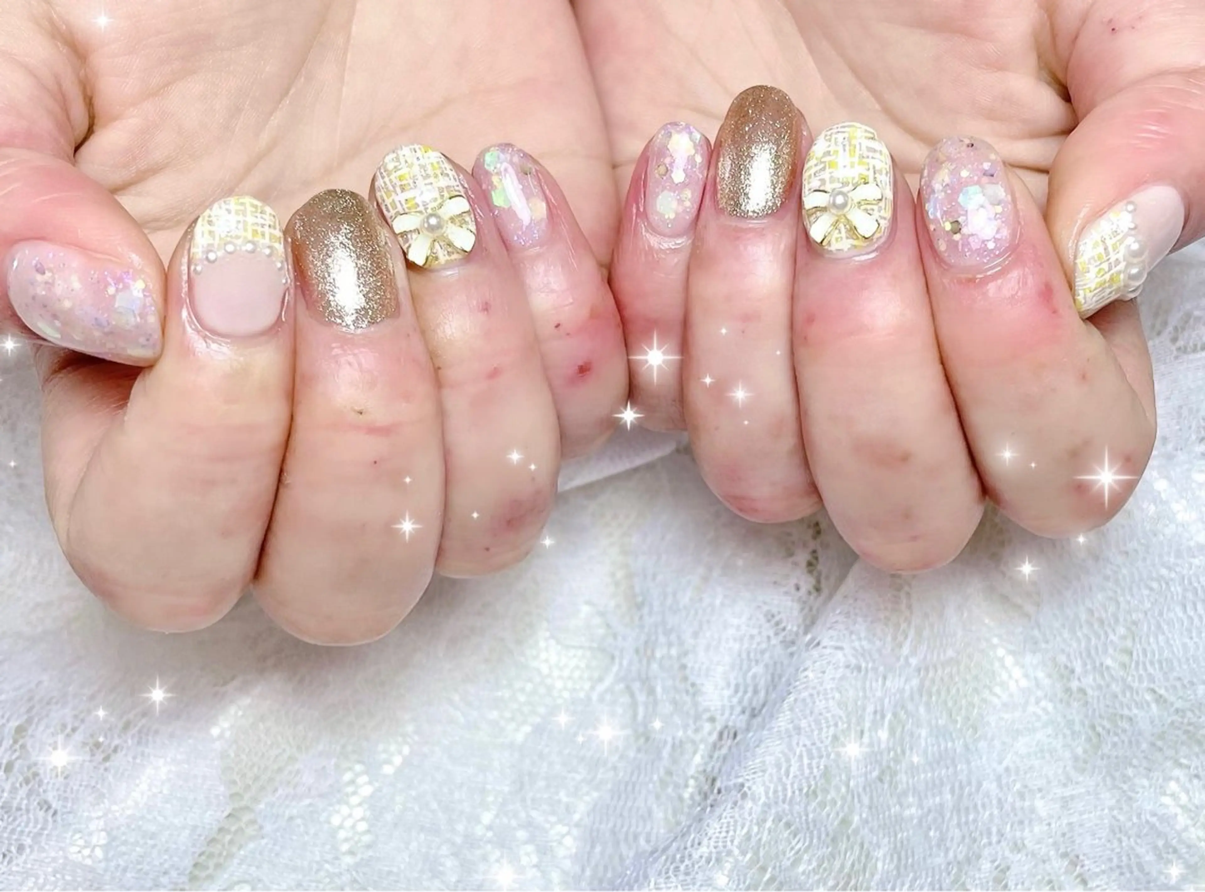 ネイル ツイードネイル 黄色 ハンドネイル FLARE NAIL フレアネイルのネイルデザイン