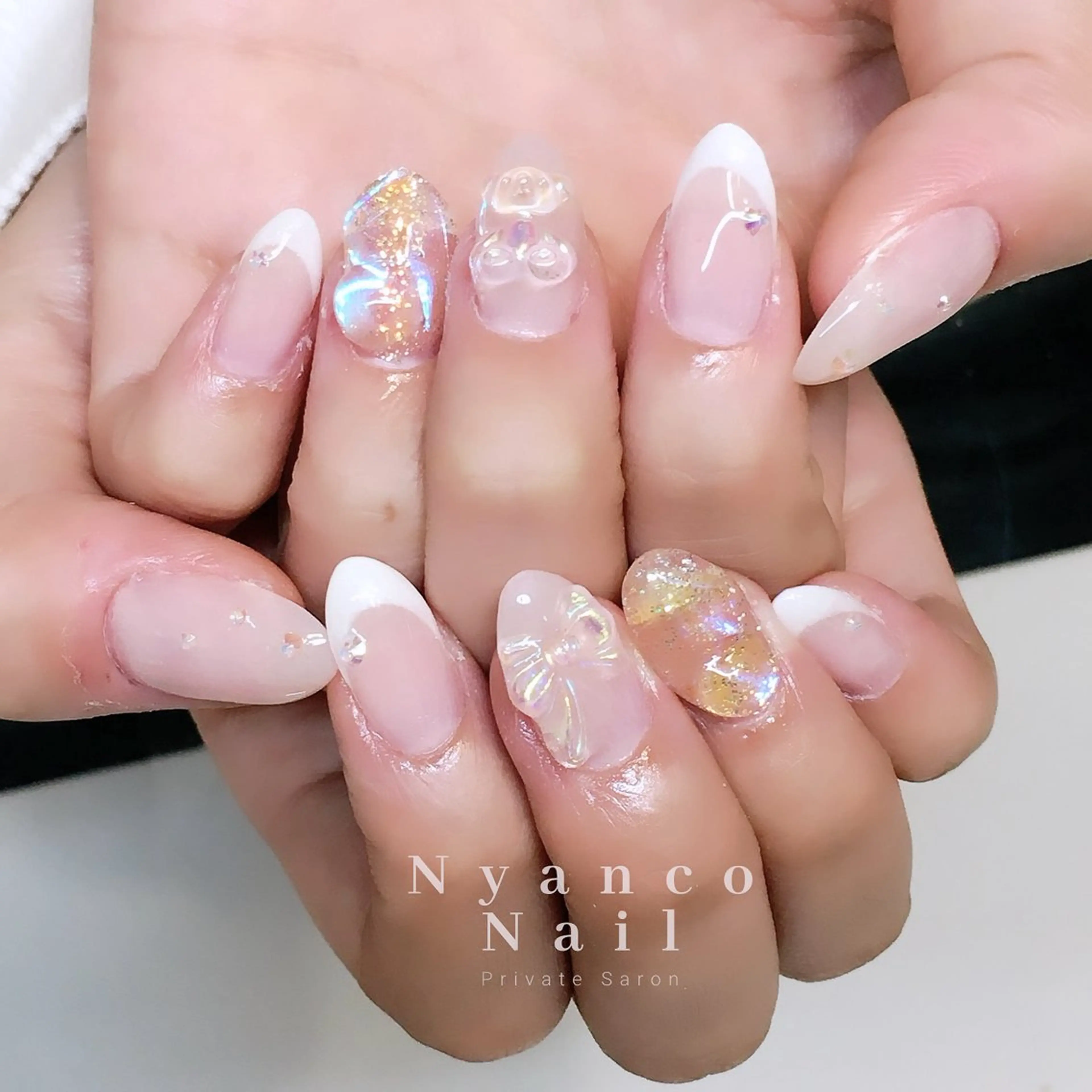 ネイル オーロラネイル フレンチネイル ジェルネイル 氷ネイル・うるうるネイル キラキラネイル Nyanco Nailのネイルデザイン