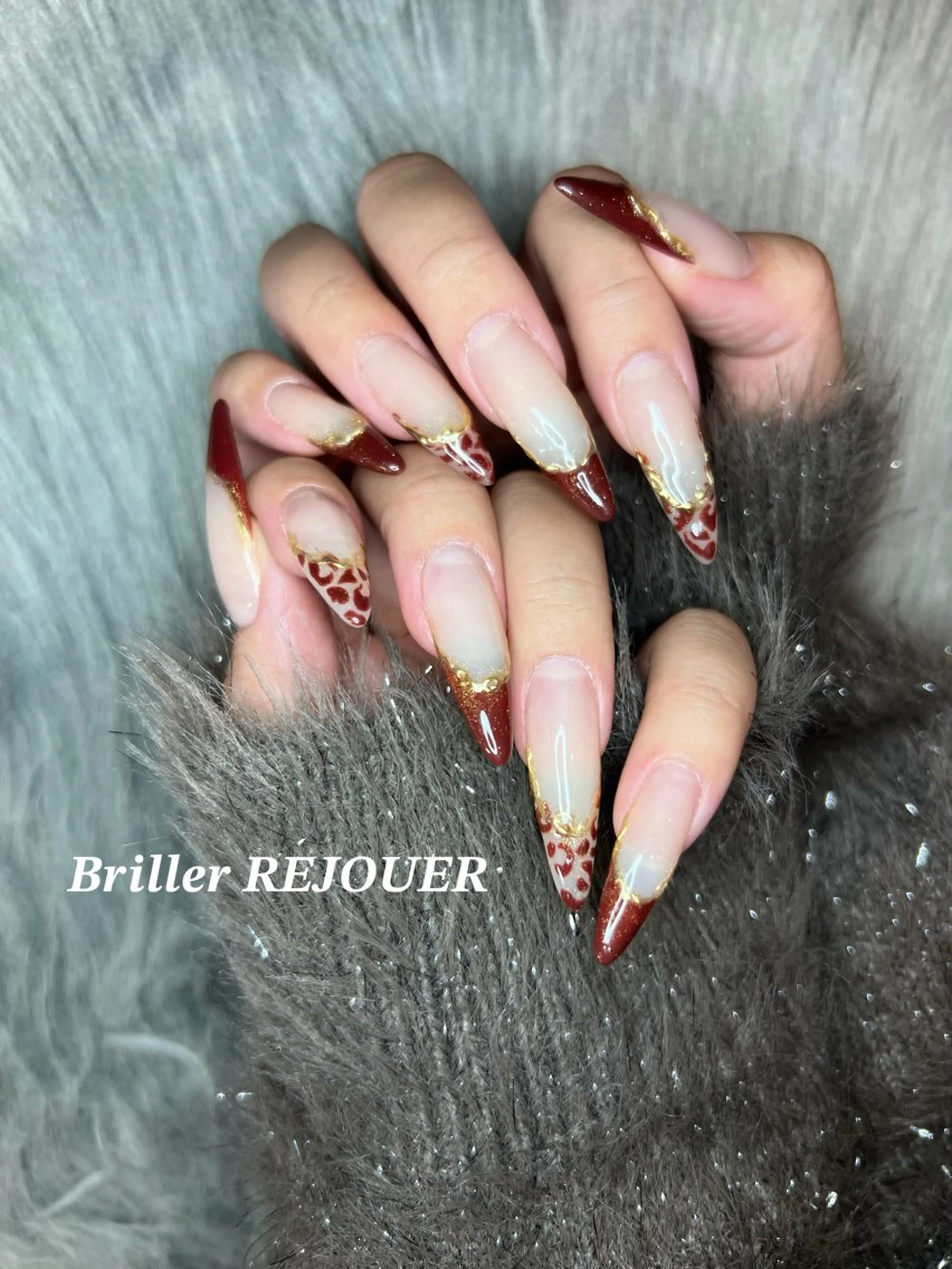 ネイル アニマル柄 ボルドー フレンチネイル ゴールド ラメ(グリッター) ブリエ・レジュール所属・Briller HIENのネイルデザイン