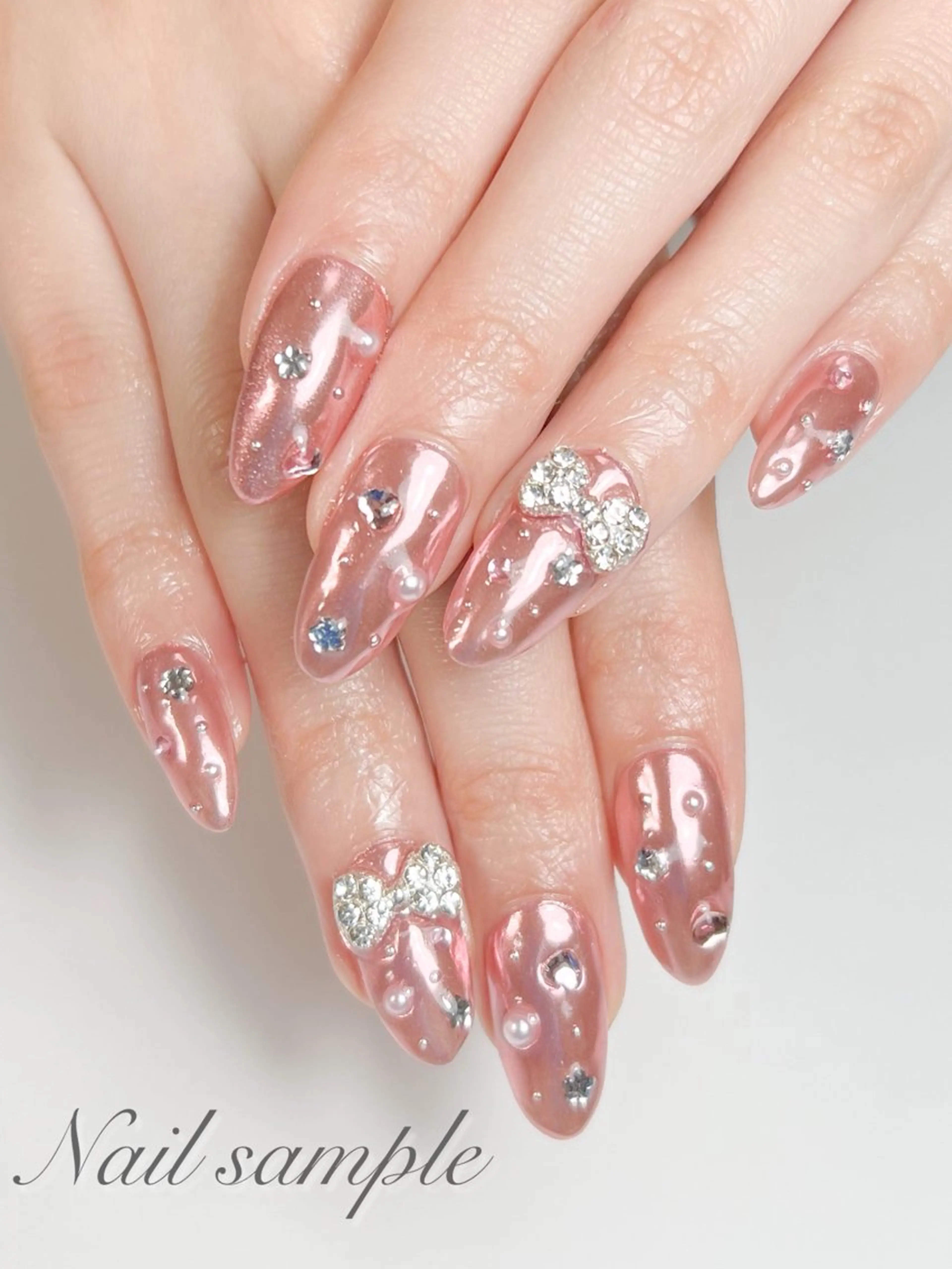 ネイル アートネイル ジェルネイル ミラーネイル ピンク リボン ハンドネイル ハンドケア nail shizukaのネイルデザイン
