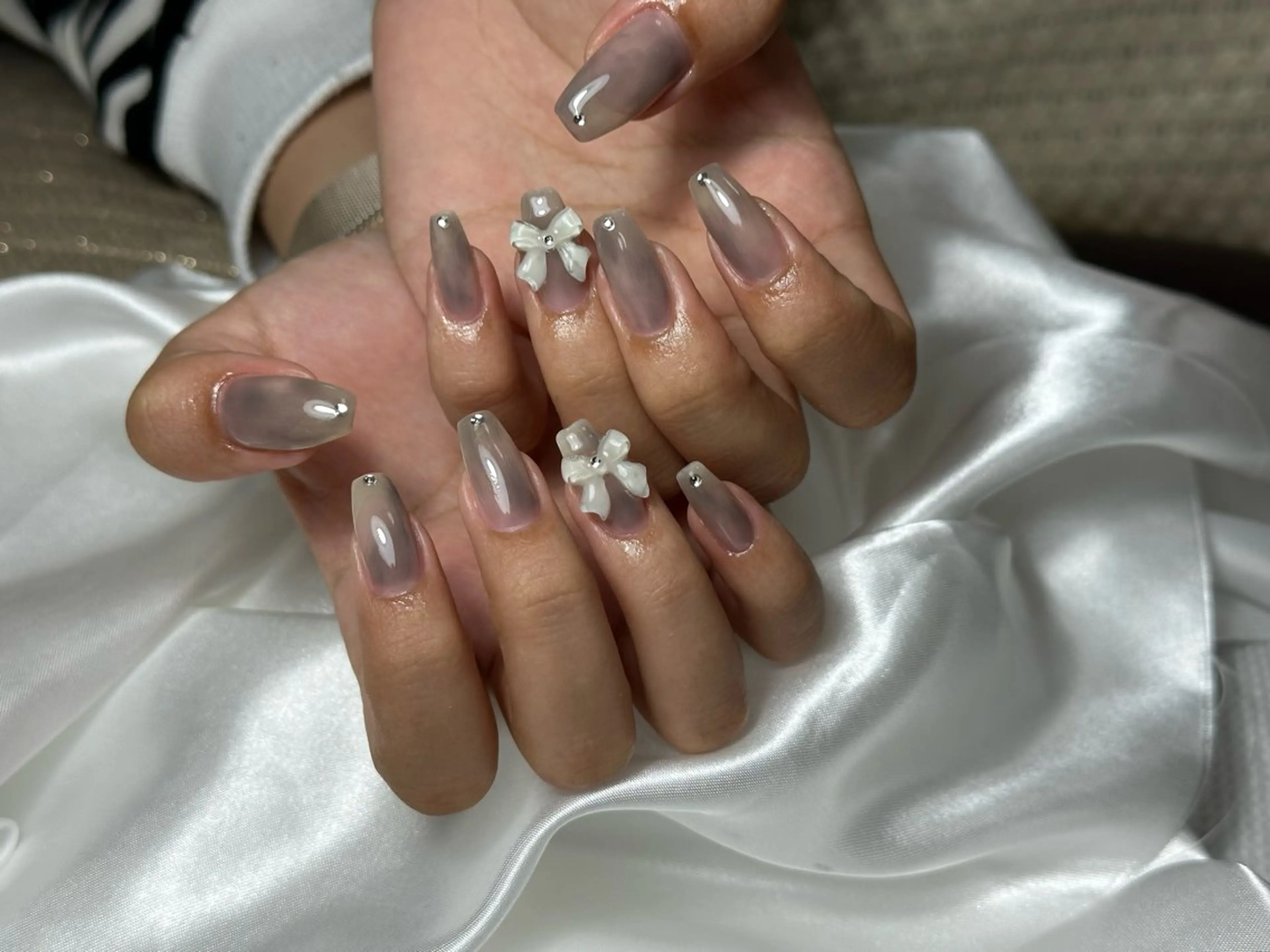 ネイル 韓国ネイル リボン ハンドネイル three 0 nail spaceのネイルデザイン