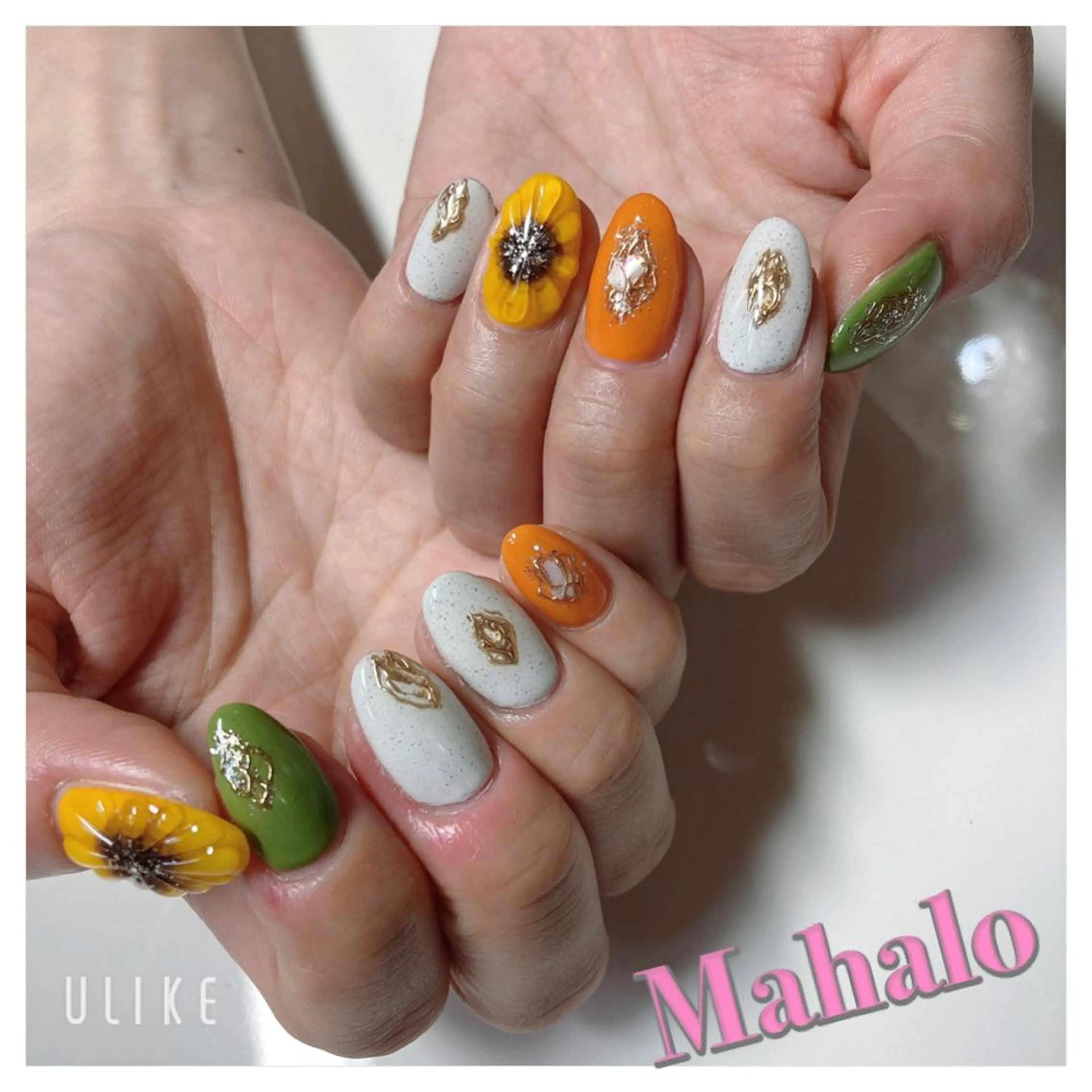 ネイル ジェルネイル グリーン ミラーネイル オレンジ 夏ネイル Nail Salon Mahaloのネイルデザイン