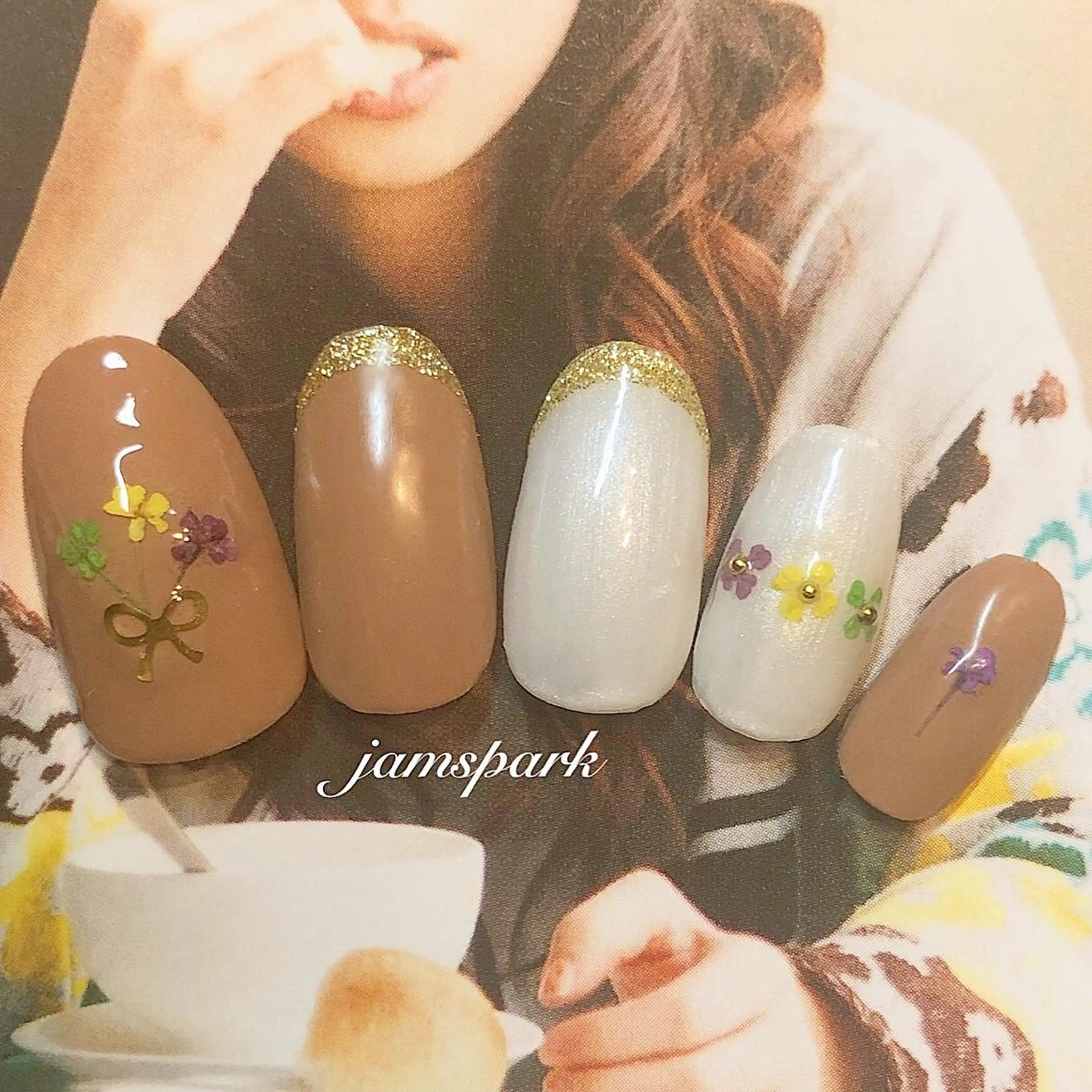 ネイル フラワーネイル フレンチネイル リボン ハンドネイル jamspark ✨のネイルデザイン