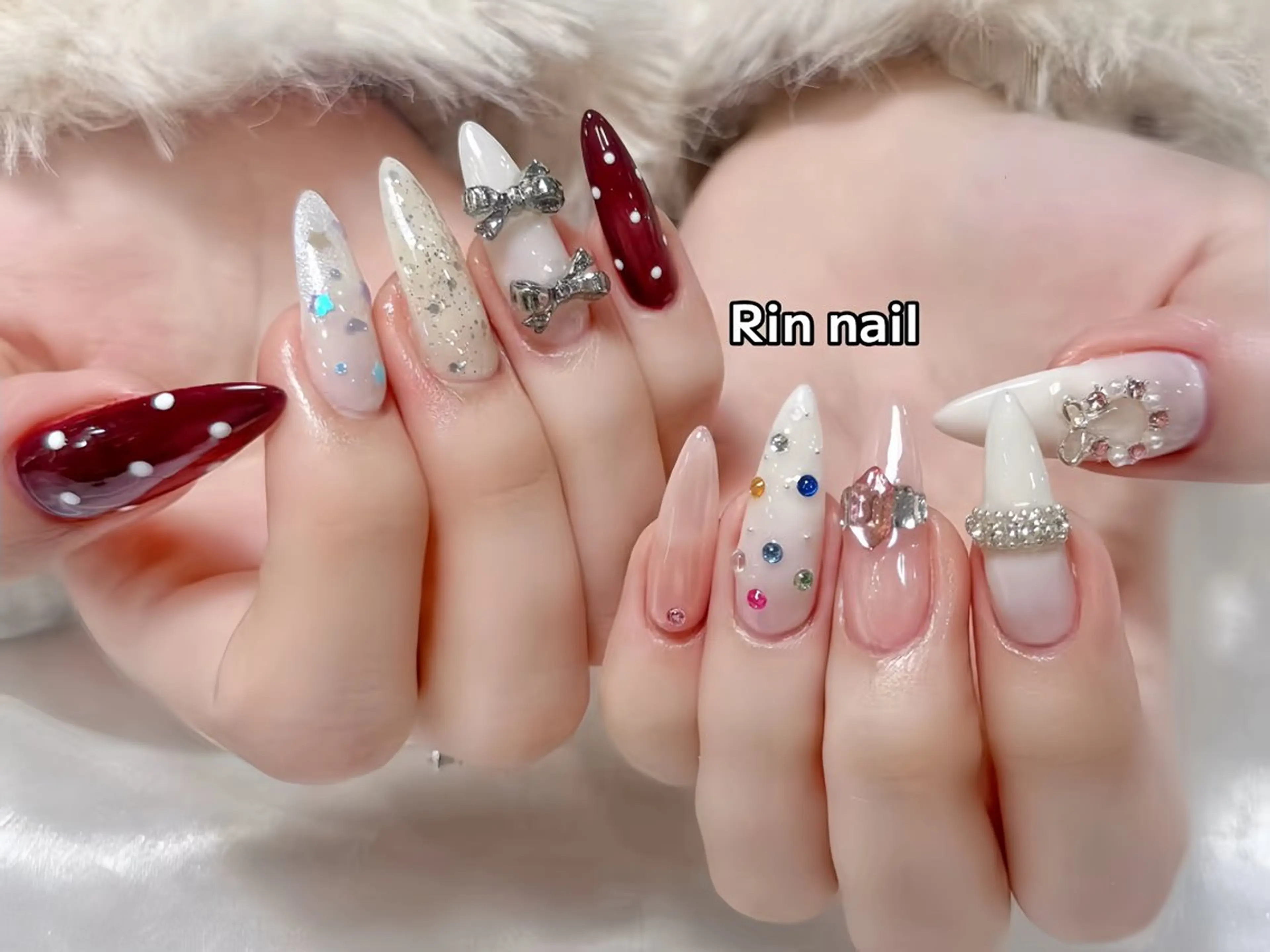 ネイル ボルドー フレンチネイル グラデーション キラキラネイル 韓国ネイル ハンドネイル Rin Nail 新大久保店のネイルデザイン