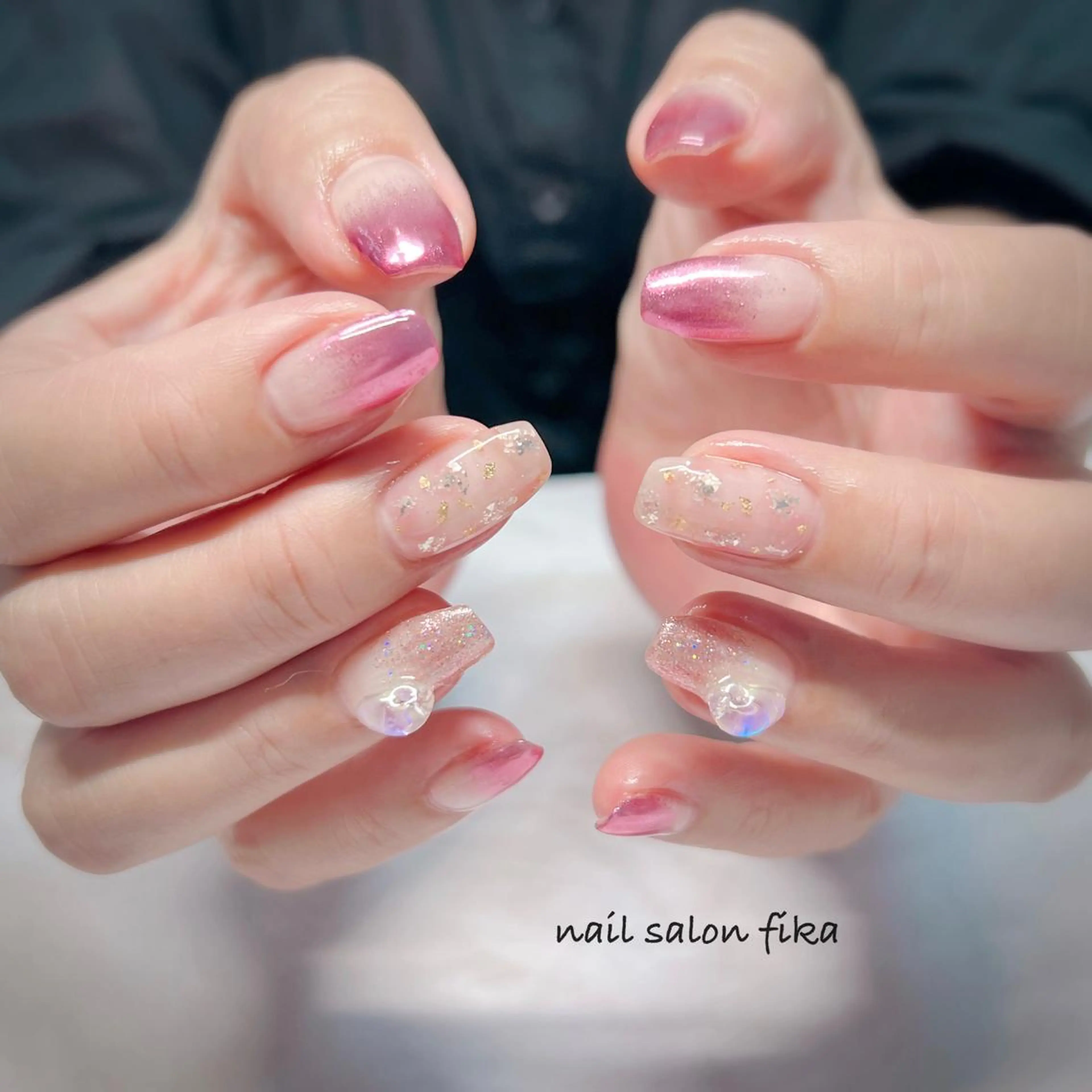 ネイル アートネイル クリアネイル グラデーション キラキラネイル ミラーネイル nail salon fikaのネイルデザイン