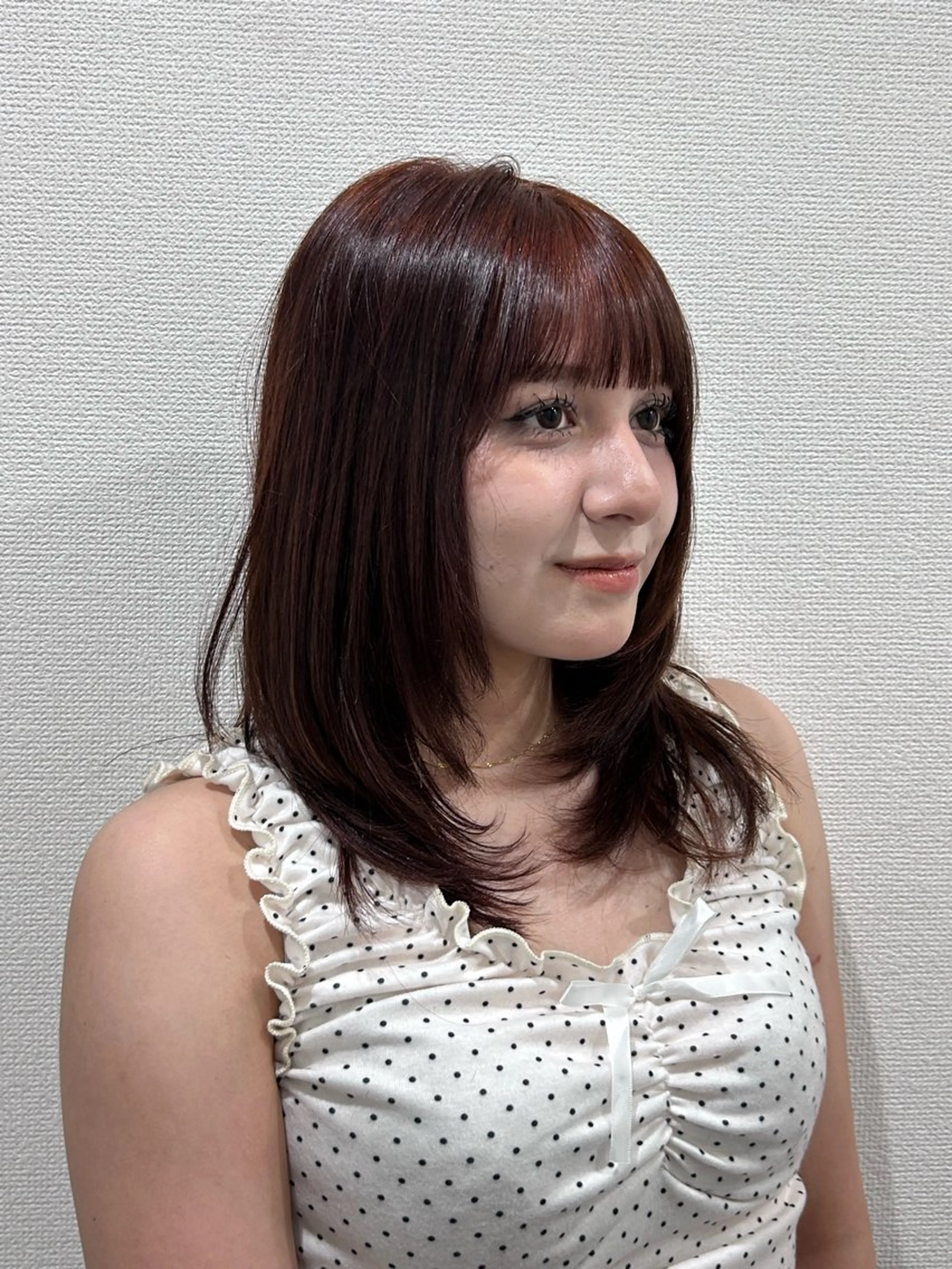 ミディアム カラー ブラウンカラー オレンジ オレンジブラウン 髪質改善 レイヤーカット カット ヘアカラー 縮毛矯正 SALOWIN 新宿三丁目me+所属・レイヤーカット/ボブ /髪質改善/ハルカのヘアスタイル