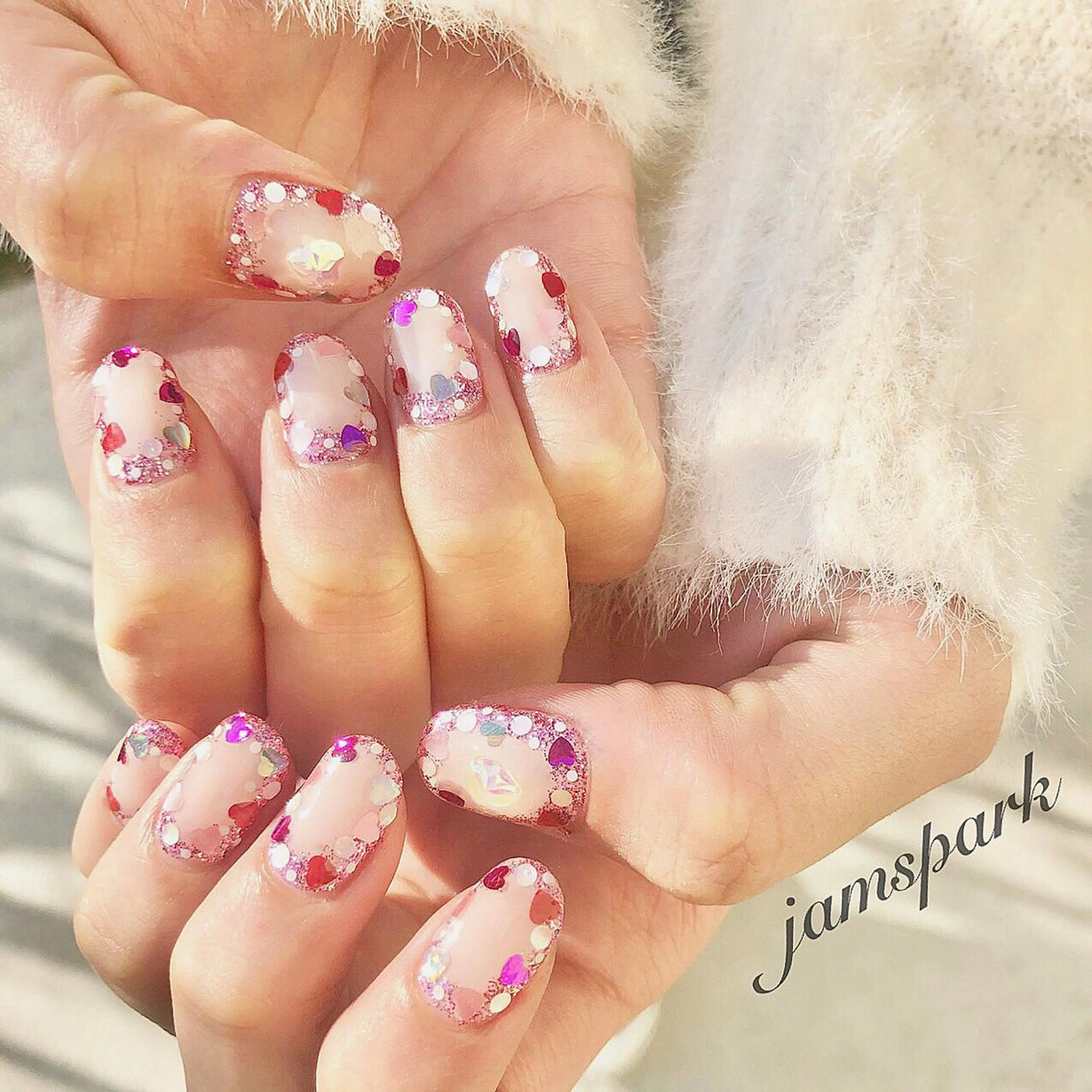 ネイル アートネイル ハート ラメ(グリッター) バレンタイン ハンドネイル jamspark ✨のネイルデザイン
