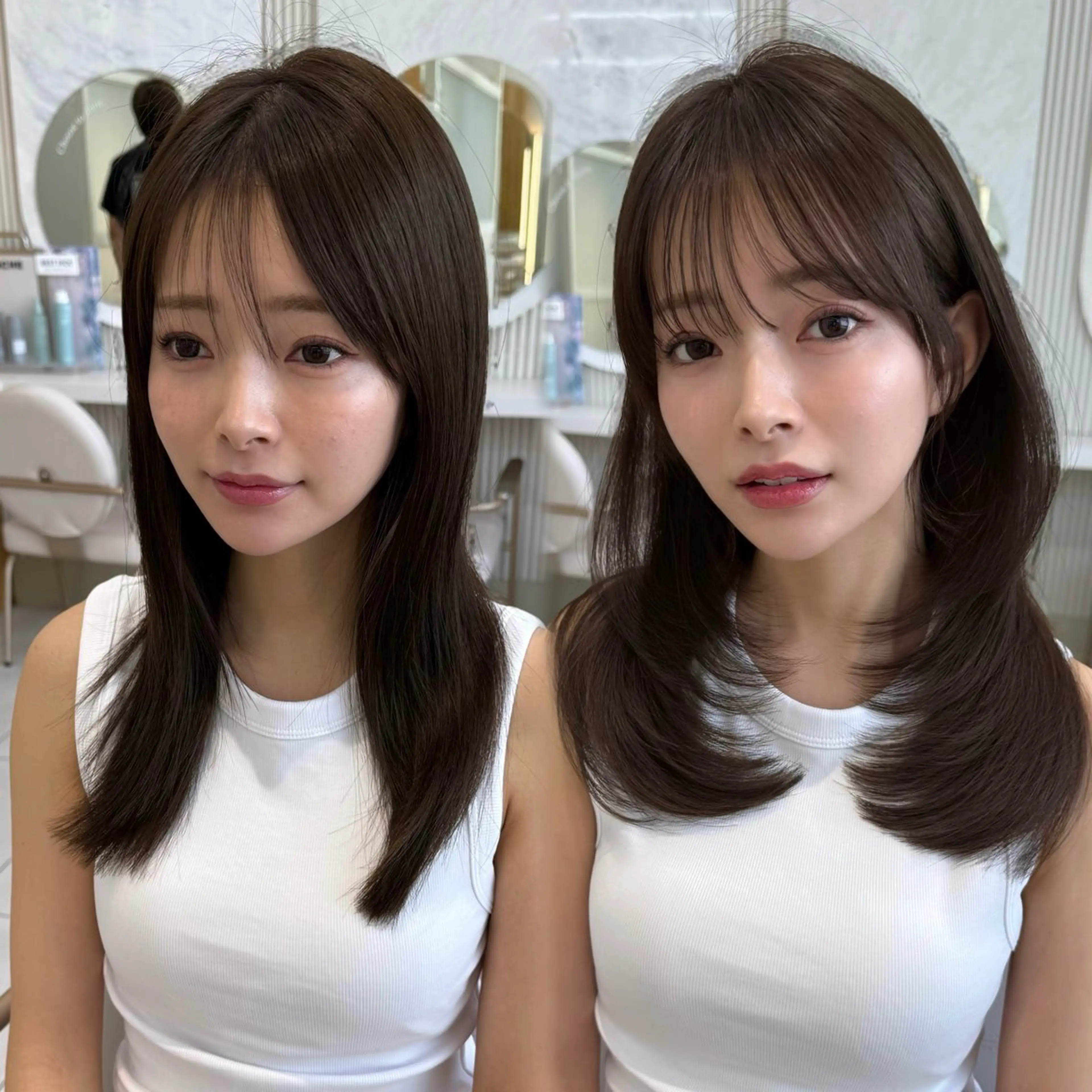 ミディアム カラー カット ヘアカラー トリートメント レイヤーカット/ 透け感ベージュ/Joのヘアスタイル