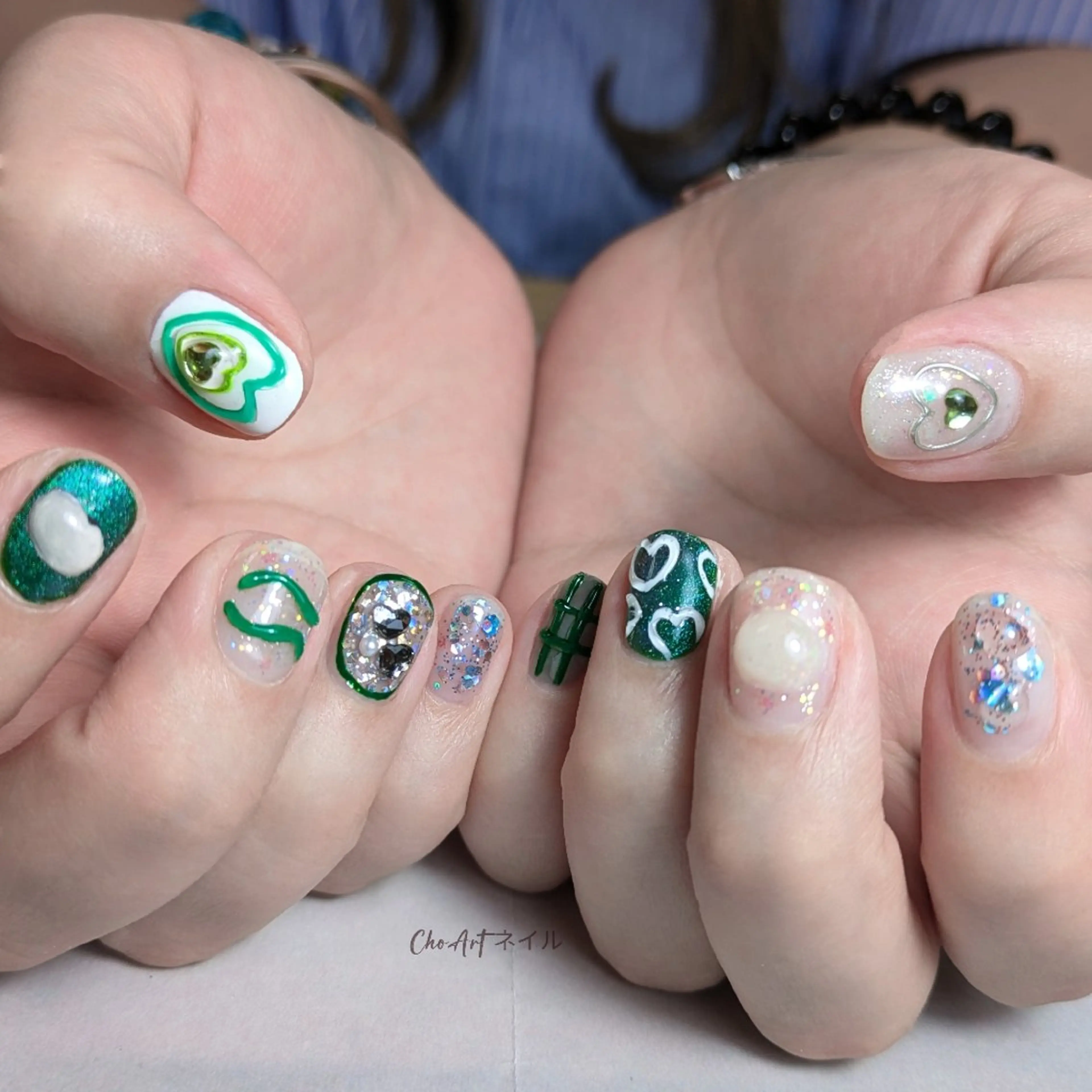 ネイル アートネイル ジェルネイル ハート ラメ(グリッター) ミラーネイル Cho Artネイル所属・Cho Art ネイルのネイルデザイン
