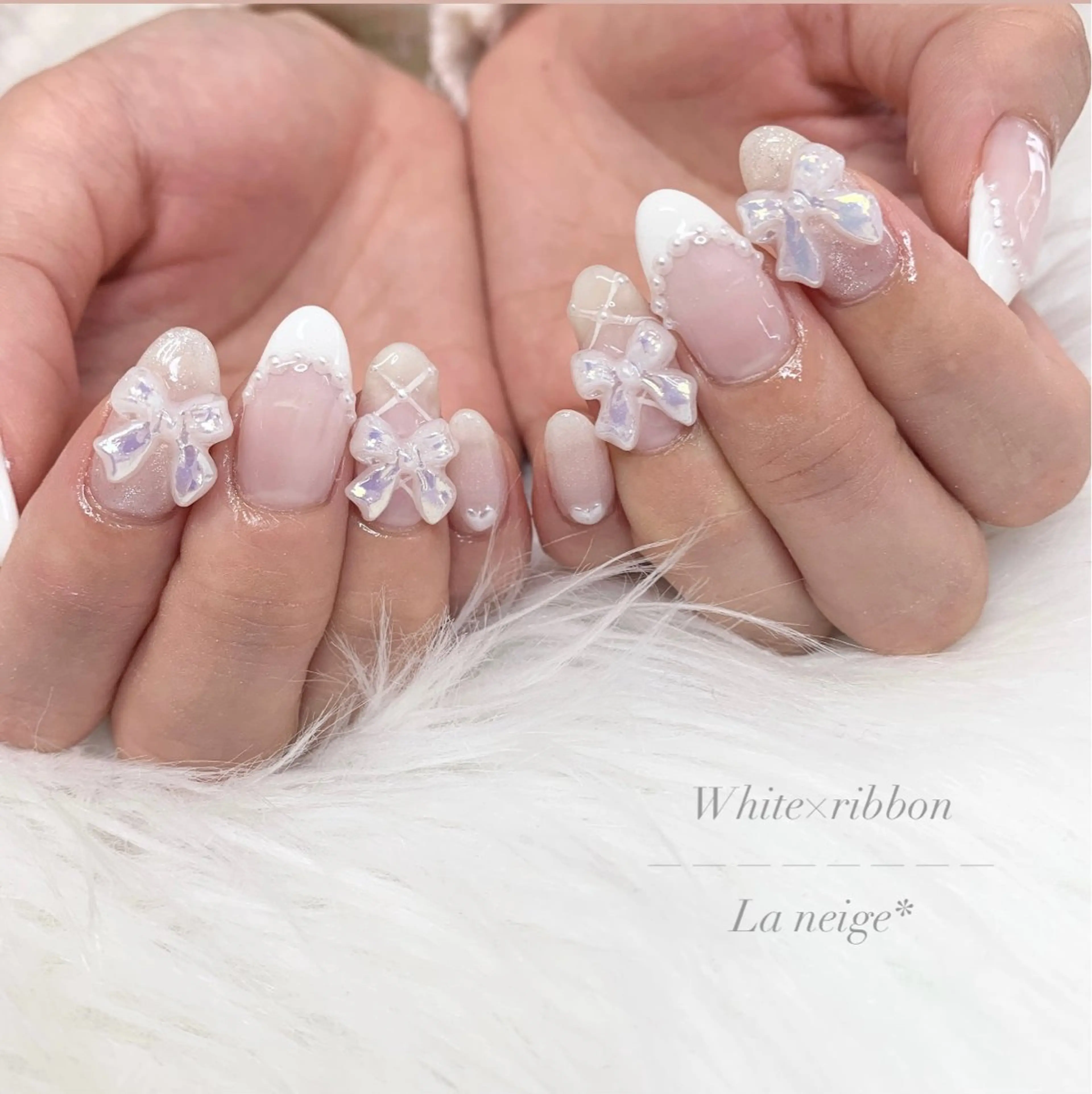 ネイル リボン ハンドネイル La neige* yuki 🥯🍑のネイルデザイン