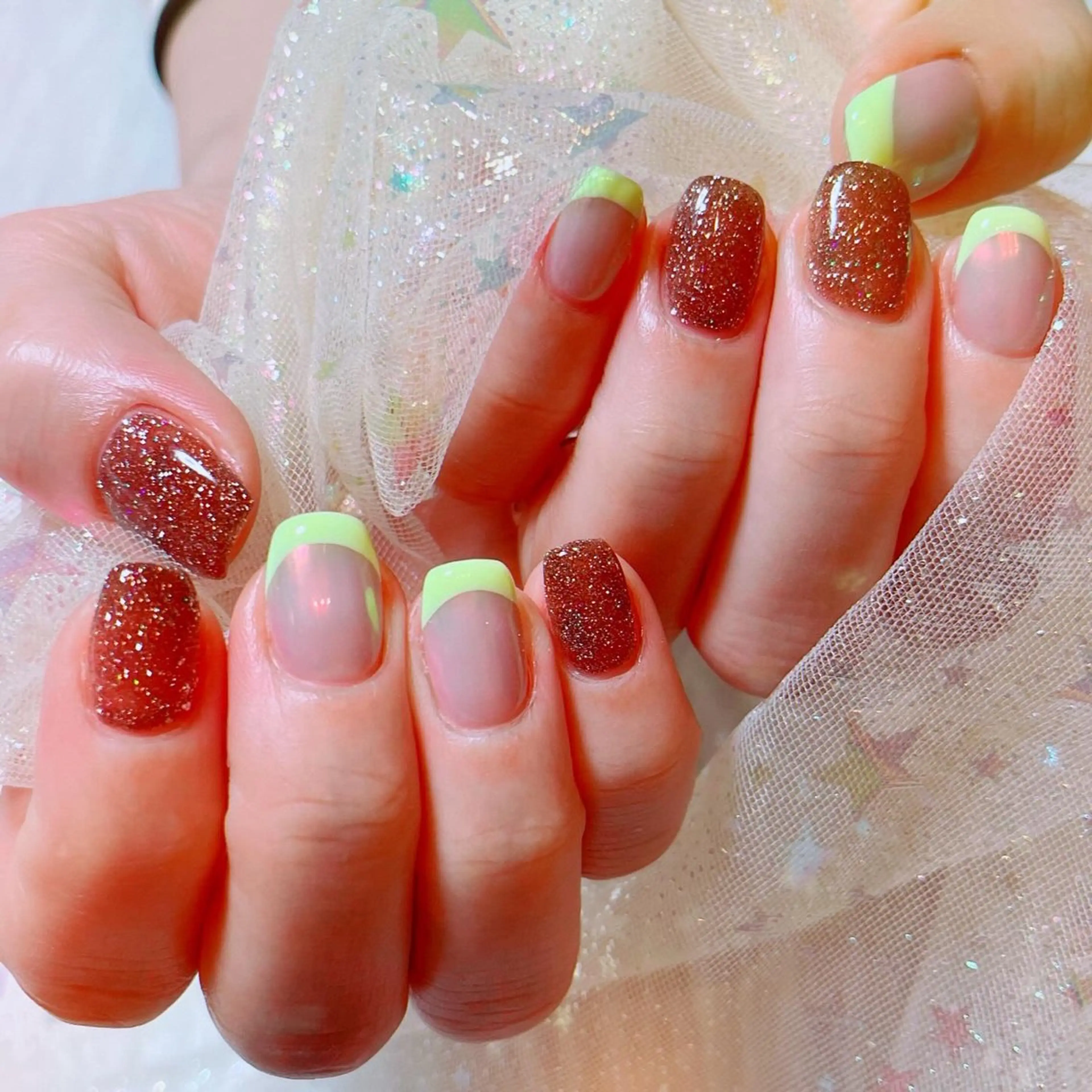 ネイル ブラウン フラッシュネイル フレンチネイル 黄色 ruirui.naildesign所属・RUI ☆のネイルデザイン