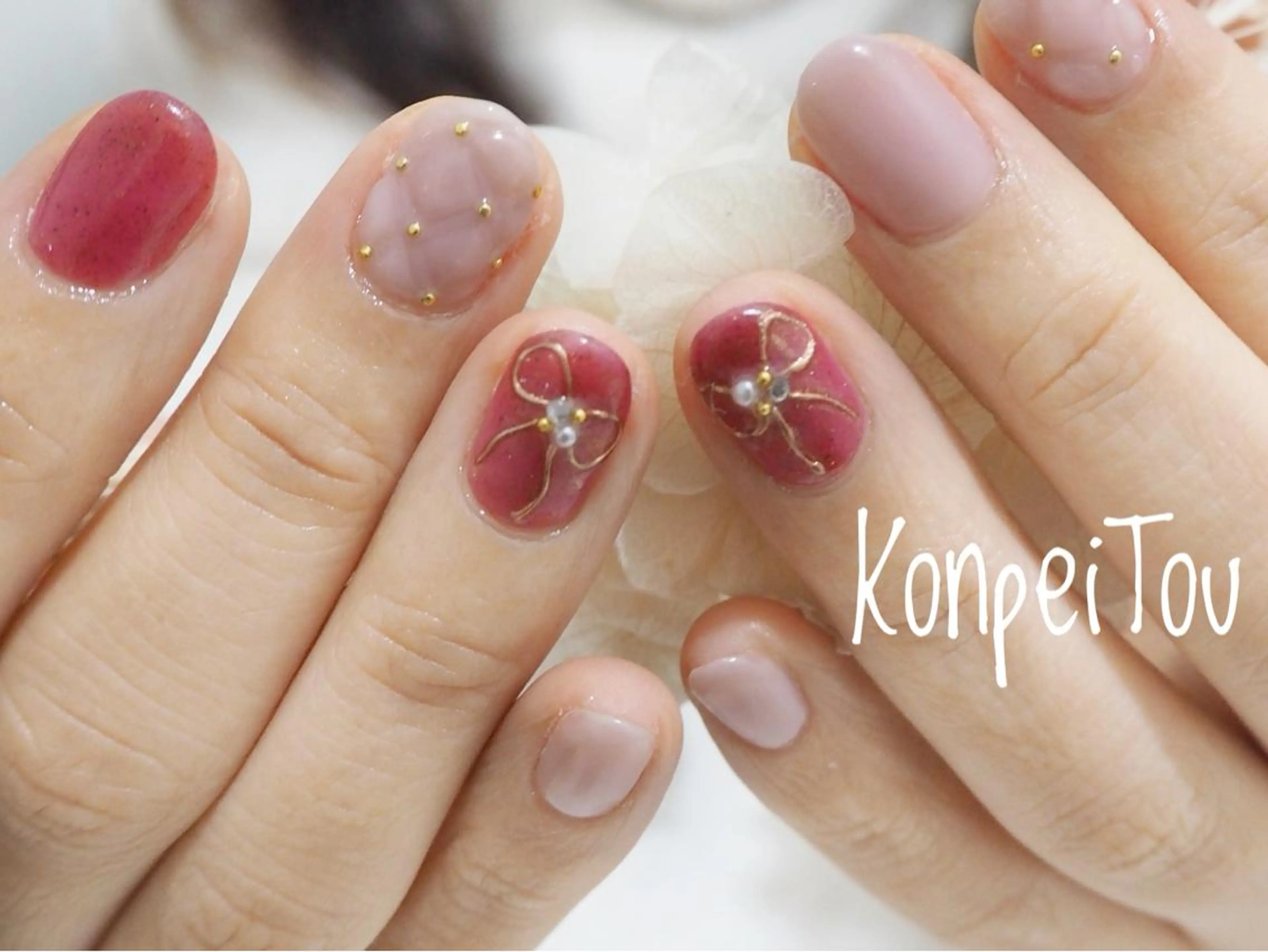 ネイル リボン ハンドネイル おうちのネイルサロン　konpeiTou〜こんぺいとう〜所属・おうちのネイルサロン KonpeiTouのネイルデザイン