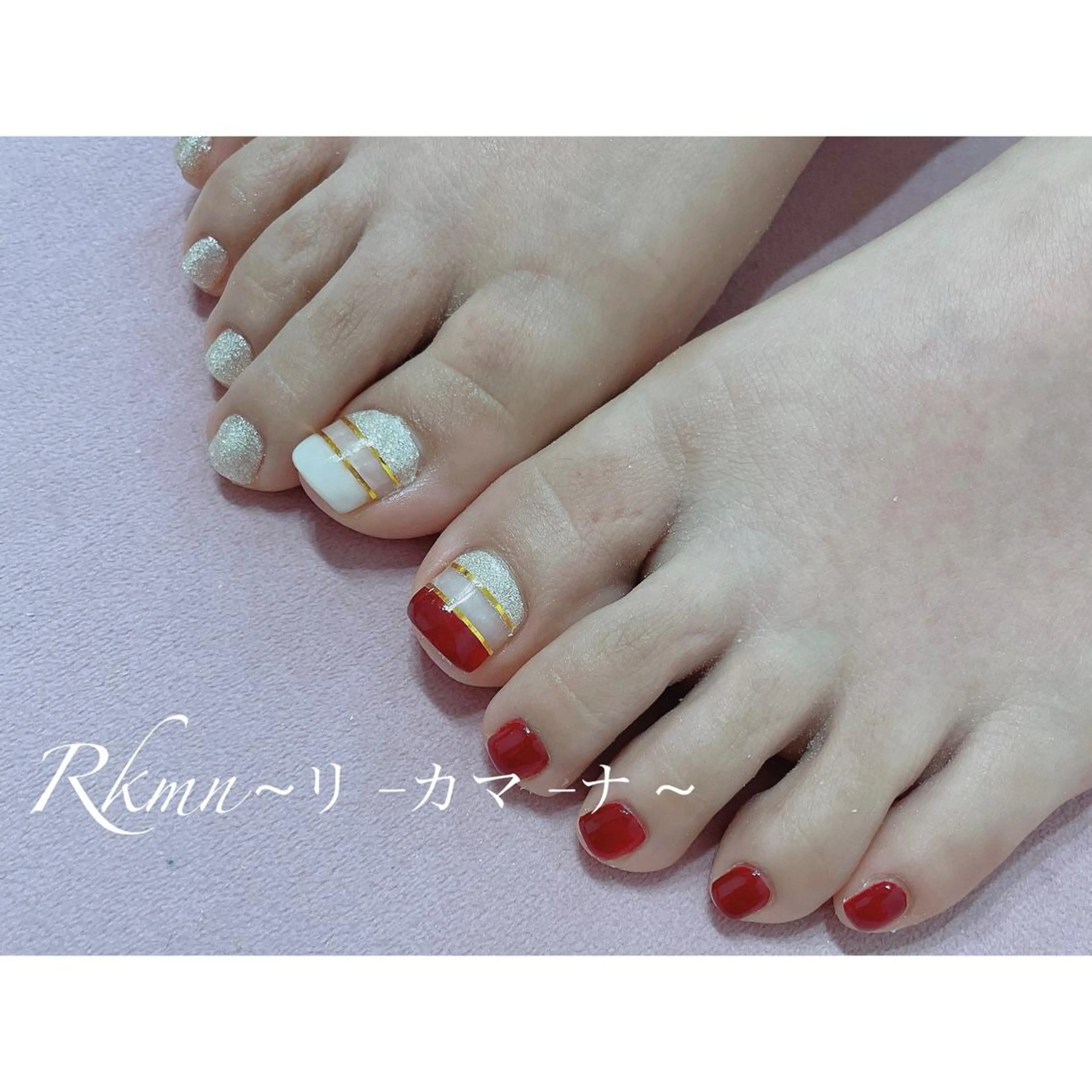 ネイル アートネイル ボーダー フットネイル ラメ(グリッター) 赤色 ハンドネイル フットネイル ハンドケア Rkmn ~リ-カマ-ナ~のネイルデザイン