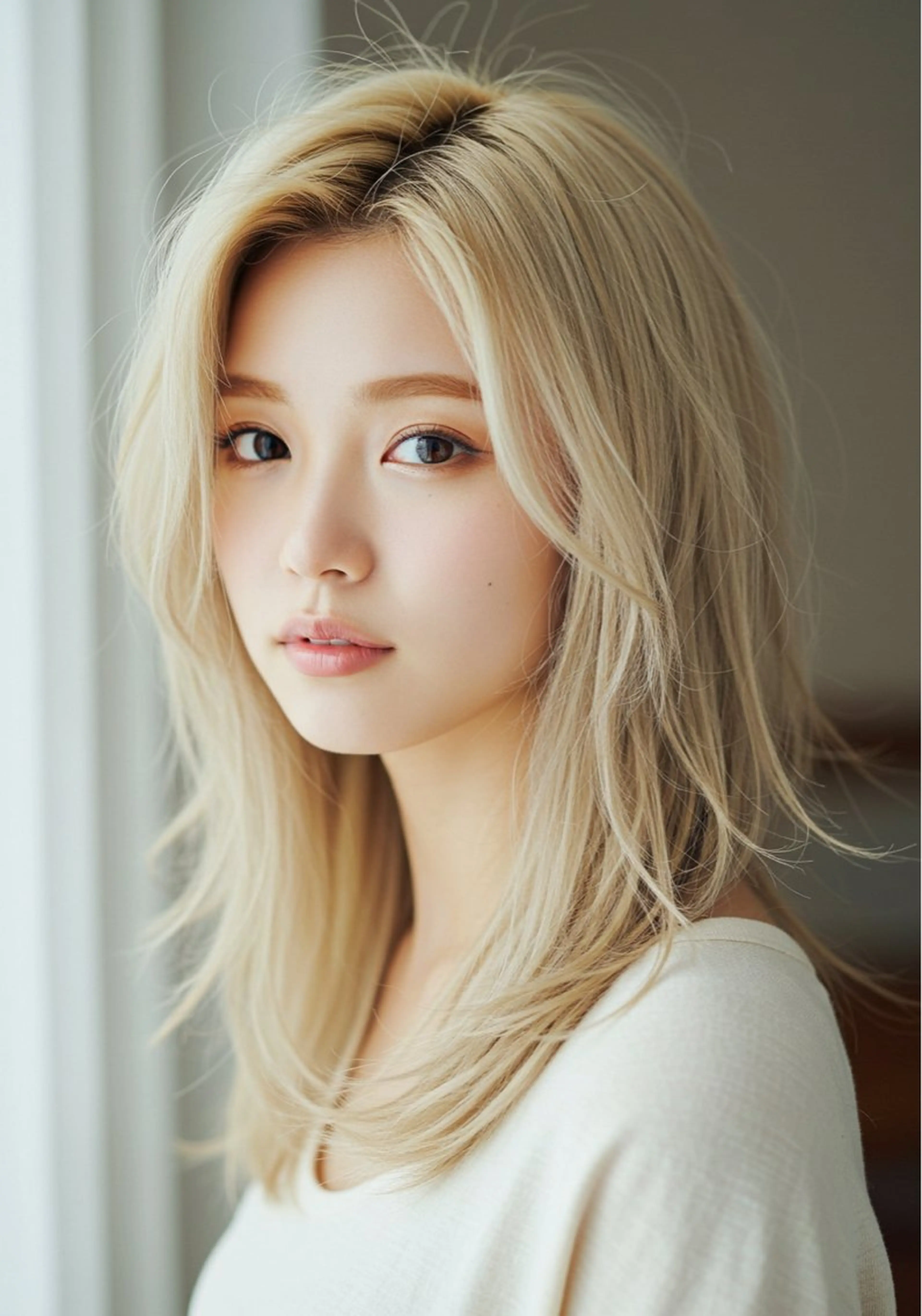 セミロング カラー ベージュカラー ブリーチ ブロンド ブロンドベージュ ミモト ユウキのヘアスタイル