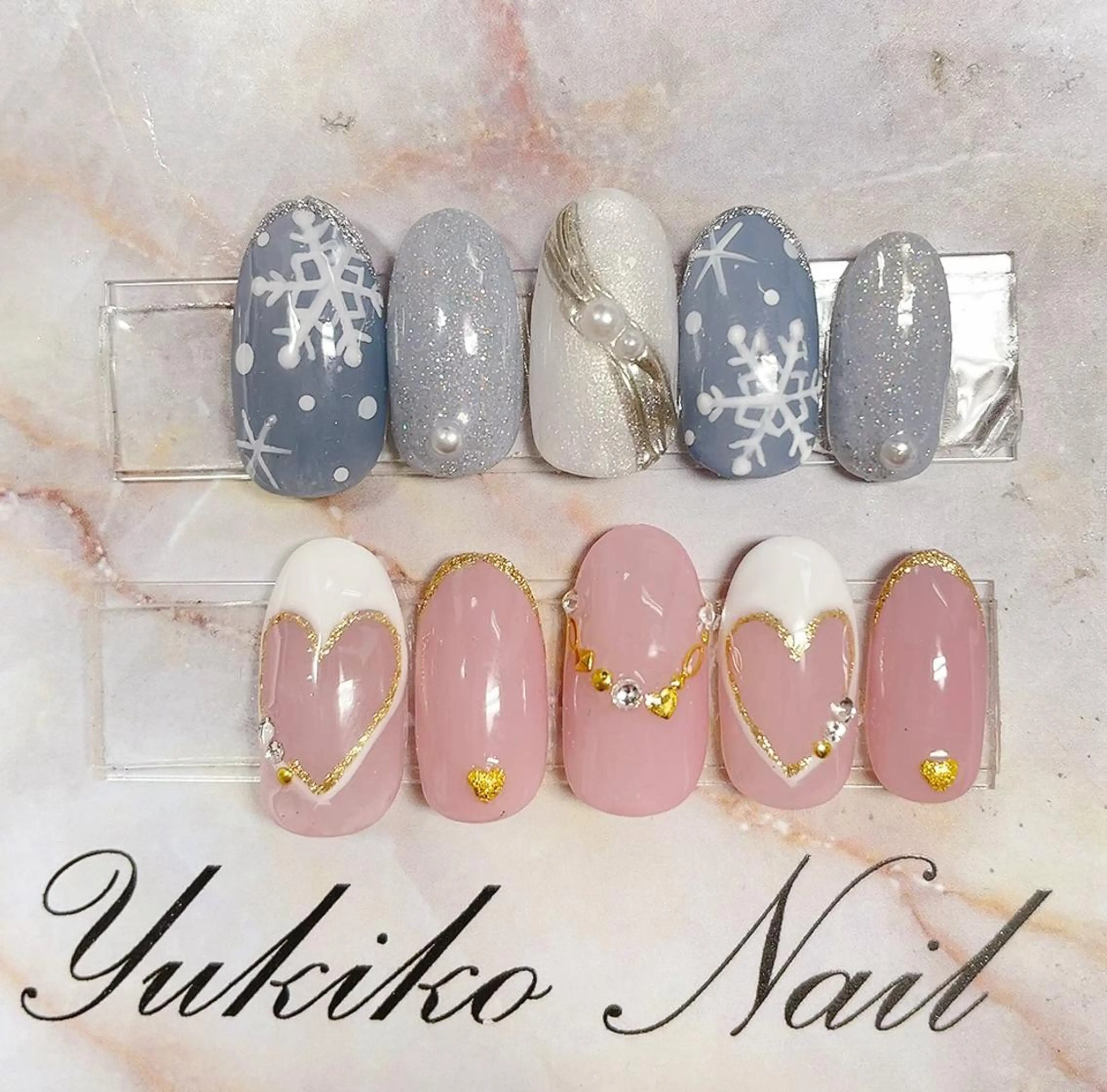 ネイル フレンチネイル ハート バレンタイン 冬ネイル ハンドネイル ユキコ ネイルのネイルデザイン
