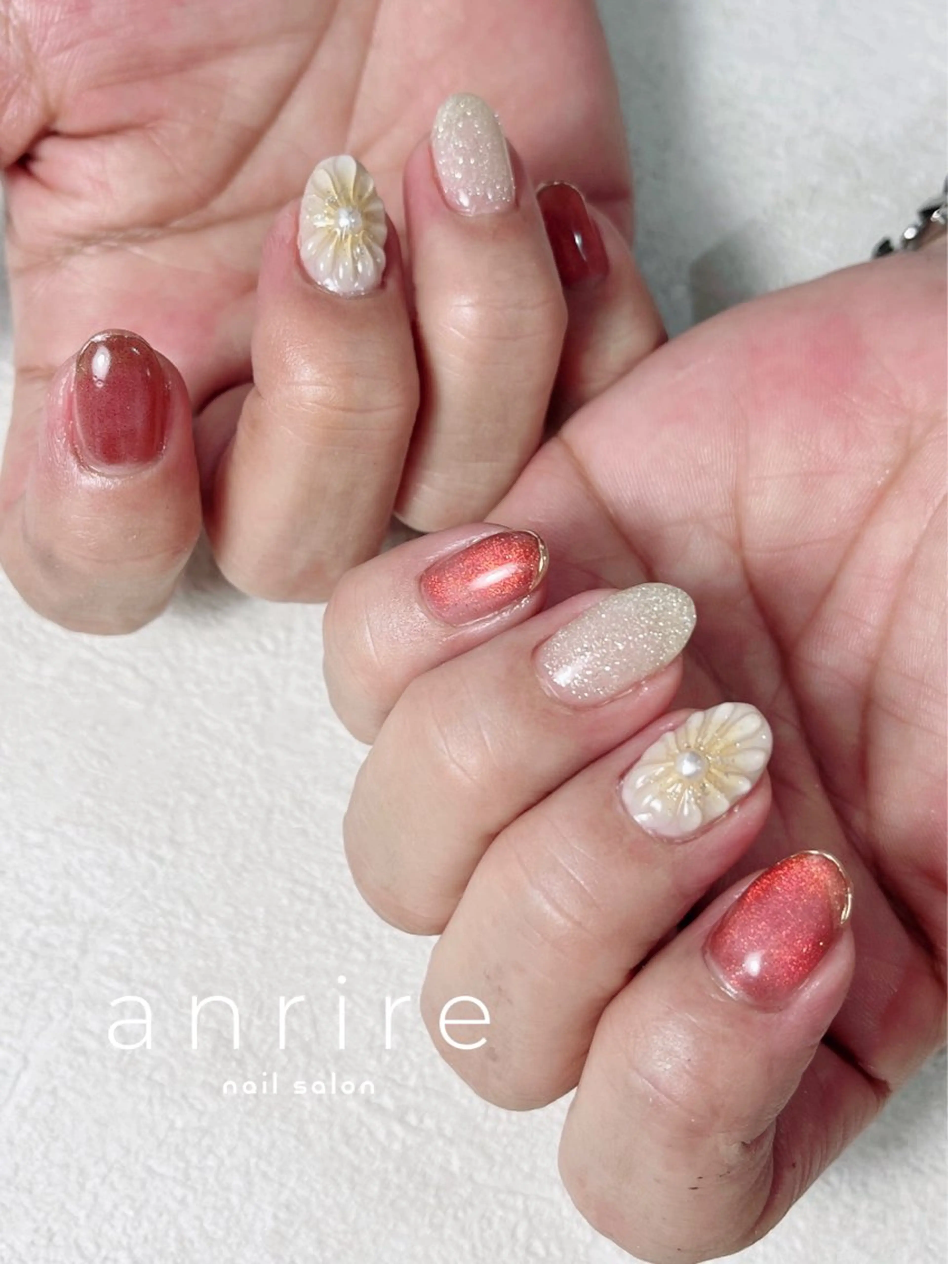 ネイル ボルドー フラッシュネイル フラワーネイル ジェルネイル キラキラネイル ハンドネイル nail salon anrire〜アンリール〜所属・nailsalon anrireのネイルデザイン