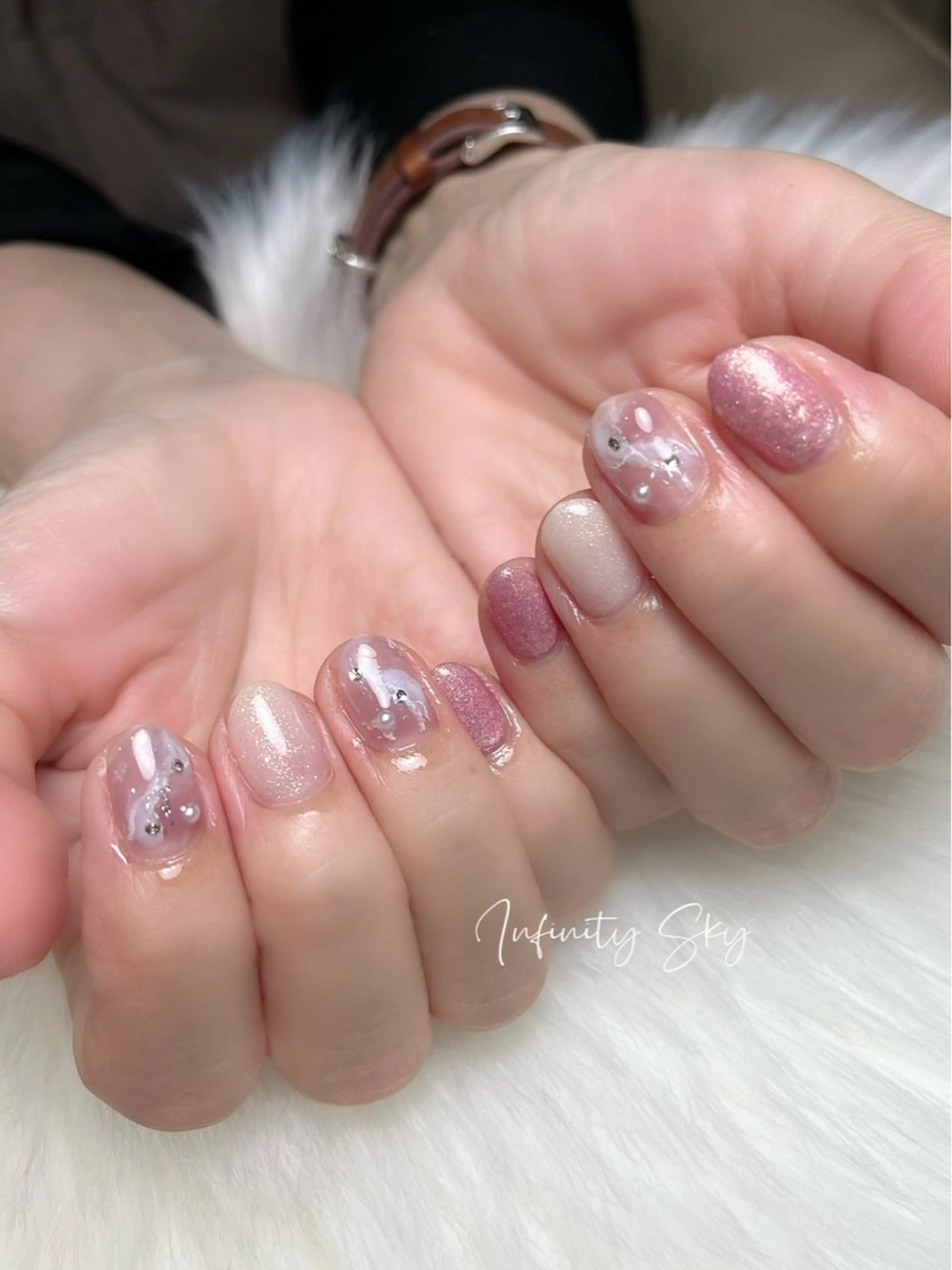 ネイル アートネイル 大理石ネイル(マーブル) ピンク ハンドネイル infinity skyのネイルデザイン