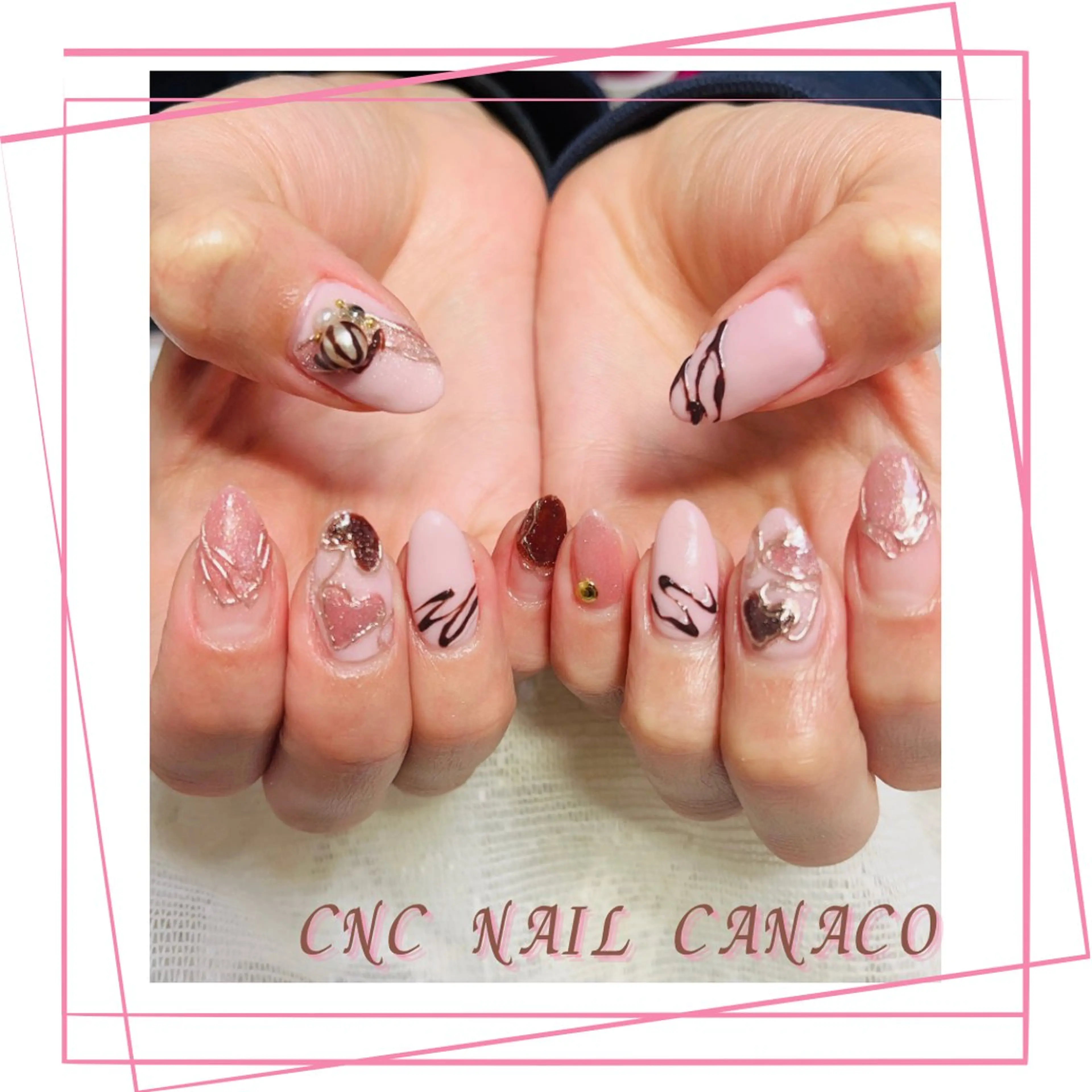 ネイル アートネイル 持ち込み ストーンネイル バレンタイン ハンドネイル ハンドケア Felice所属・ベテランネイル cnc  nailのネイルデザイン