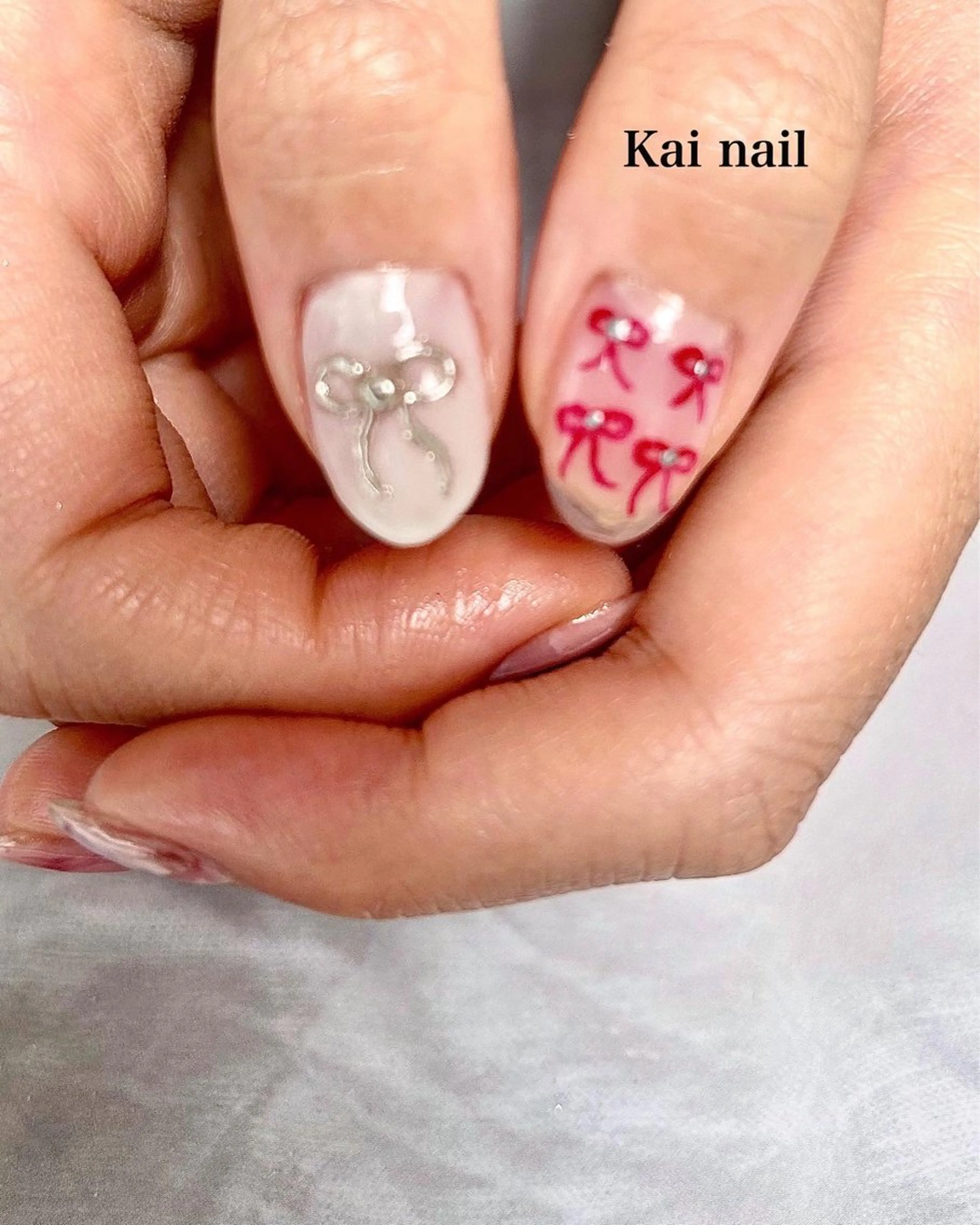 ネイル アートネイル 韓国ネイル 持ち込み ニュアンスネイル リボン ハンドネイル Kai  nail Mayukoのネイルデザイン