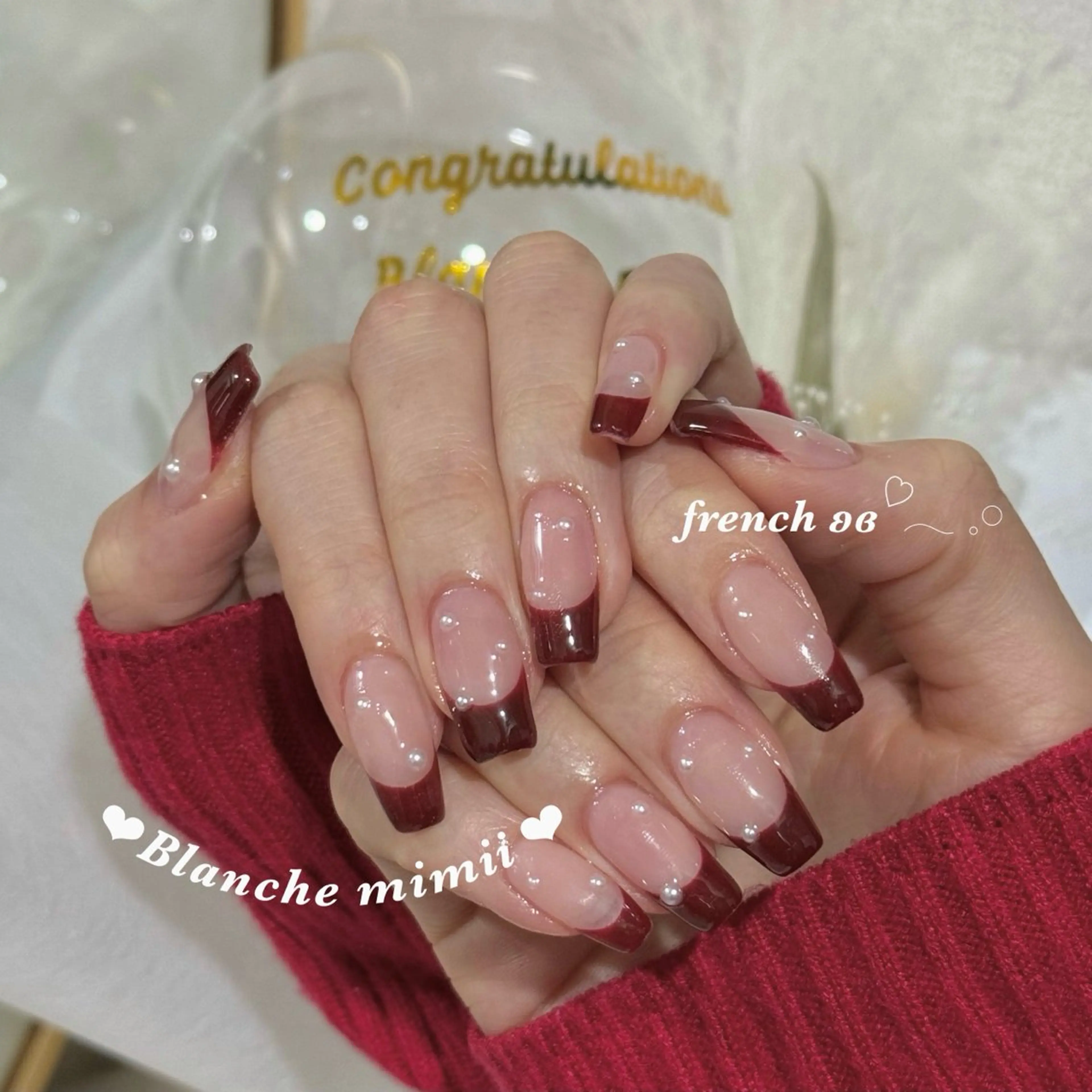 ネイル ボルドー フレンチネイル ガーリー 韓国ネイル ワンカラーネイル ハンドネイル Blanche　mimii所属・Blanche Ayaのネイルデザイン