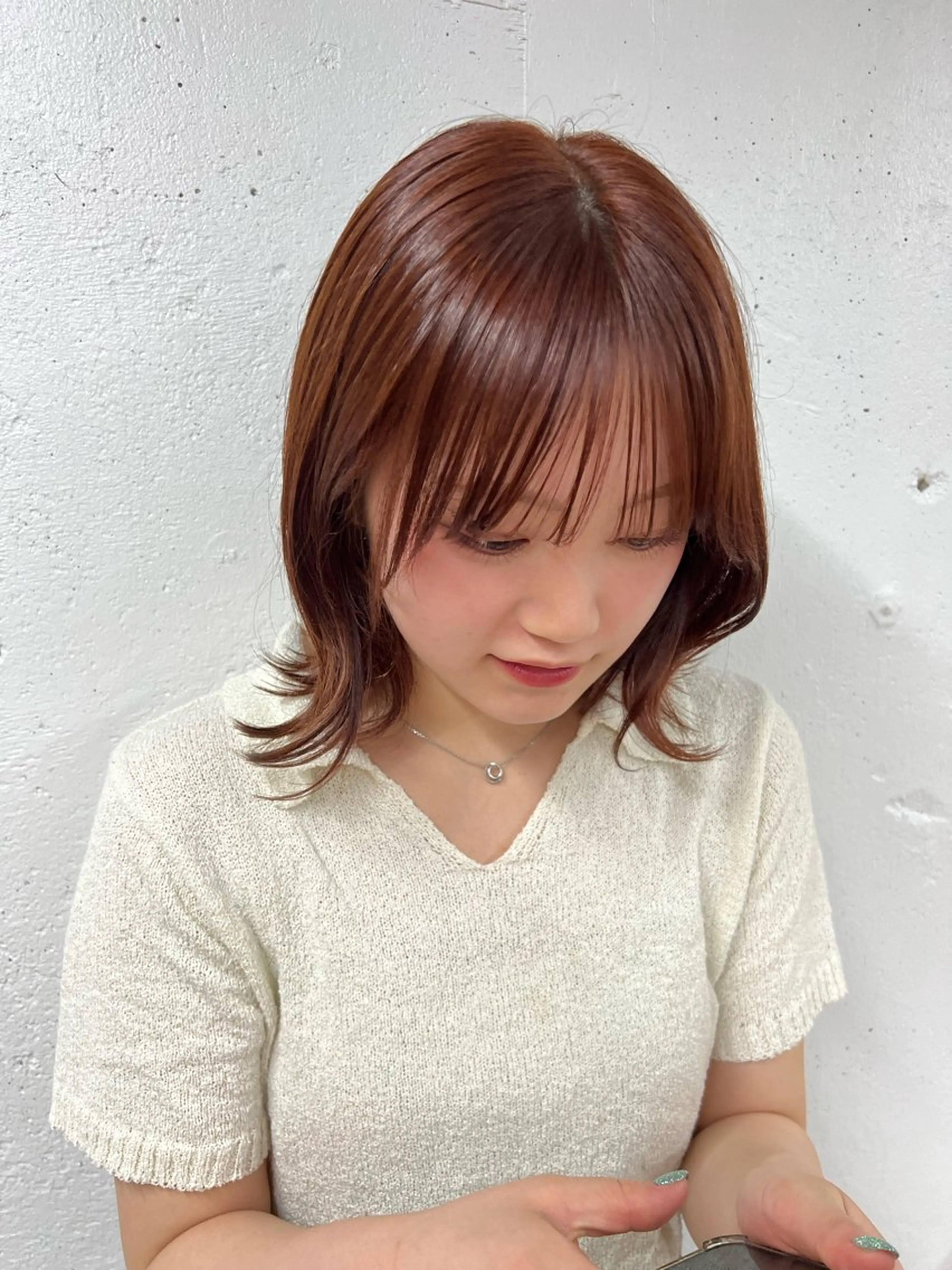 カラー ブラウンカラー オレンジ オレンジブラウン レイヤー／ボブ ケアカラー/ヒナノのヘアスタイル