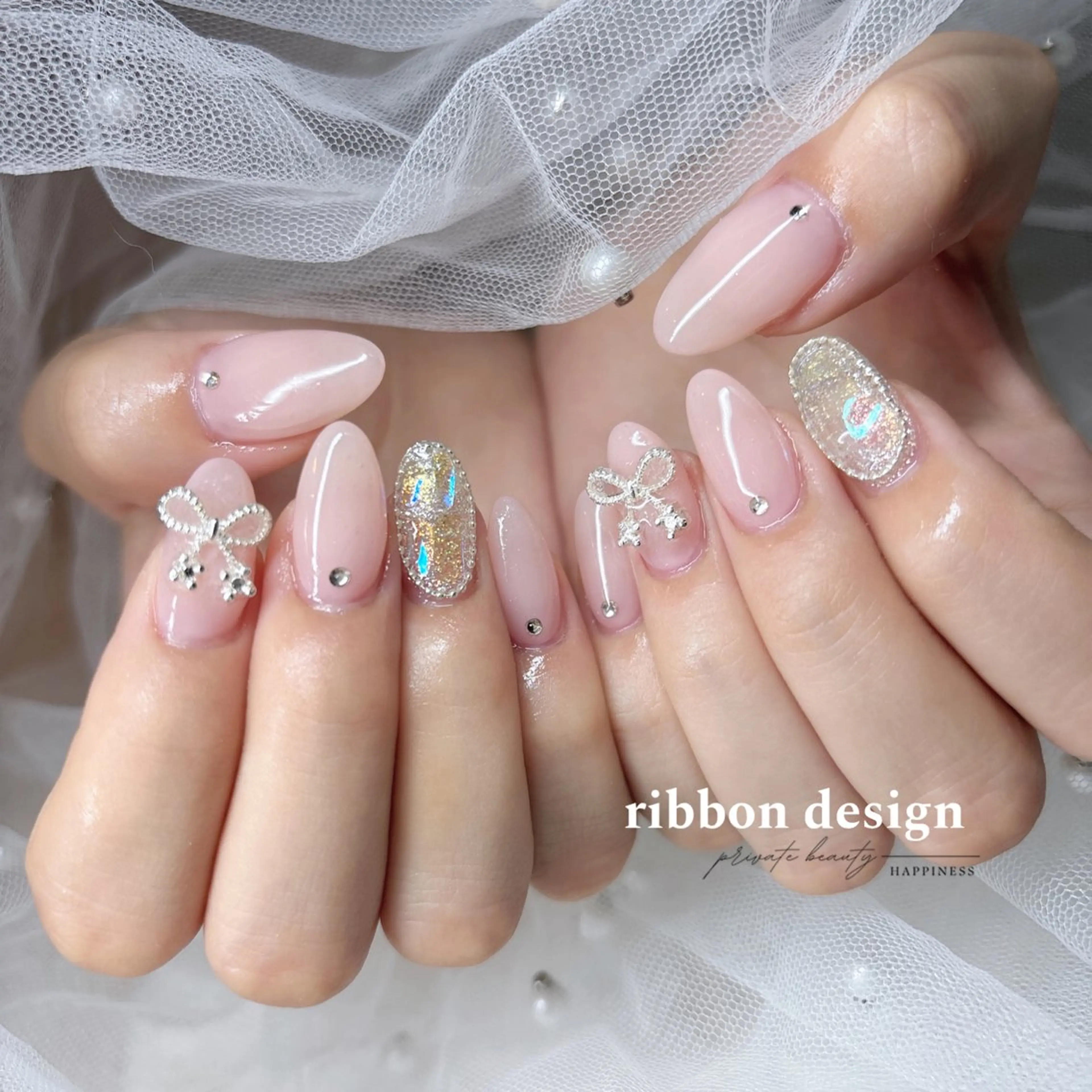 ネイル 韓国ネイル ピンク リボン ワンホンネイル ハンドネイル happiness nailのネイルデザイン