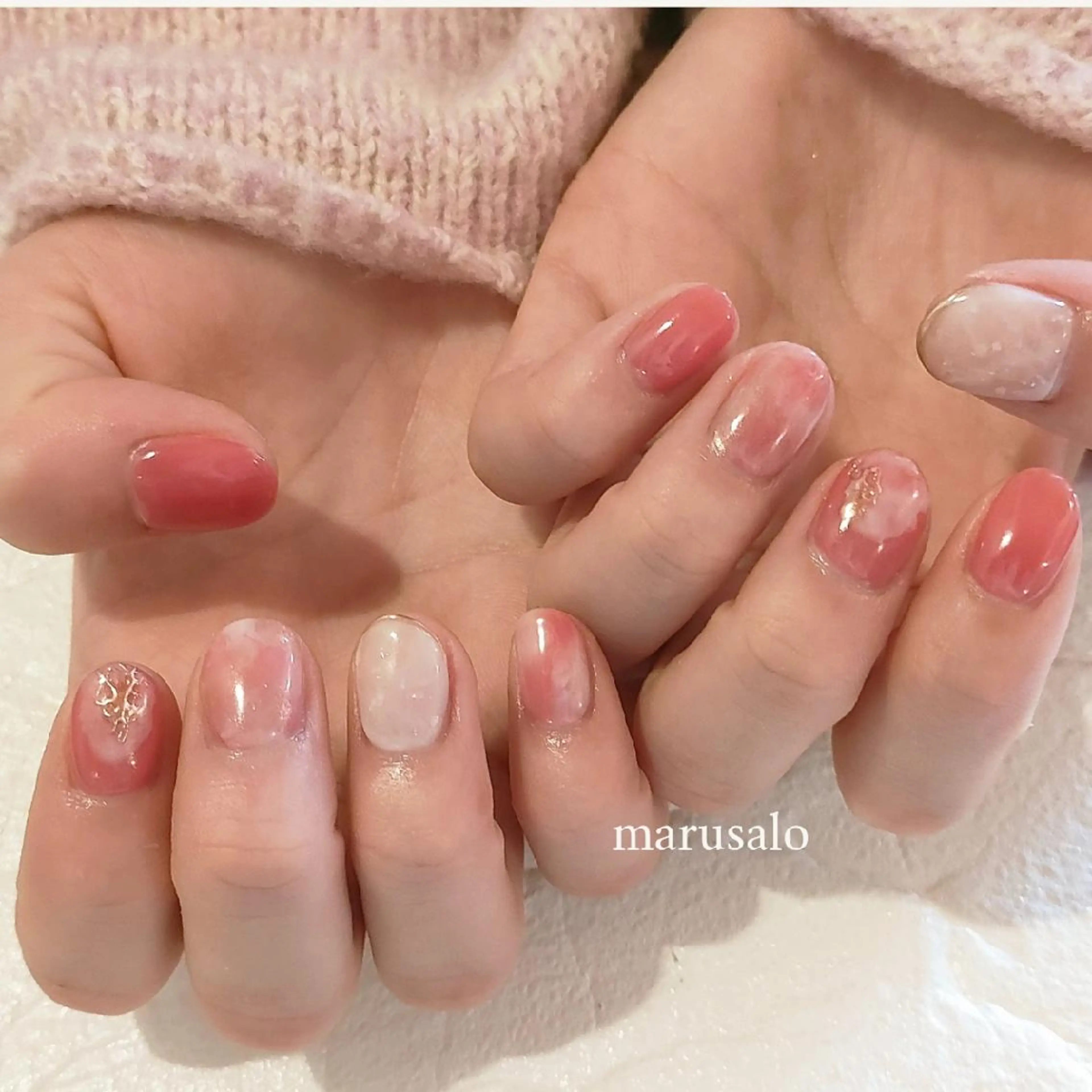 ネイル フレンチネイル ガーリー 大理石ネイル(マーブル) ミラーネイル ニュアンスネイル marusalo nailのネイルデザイン