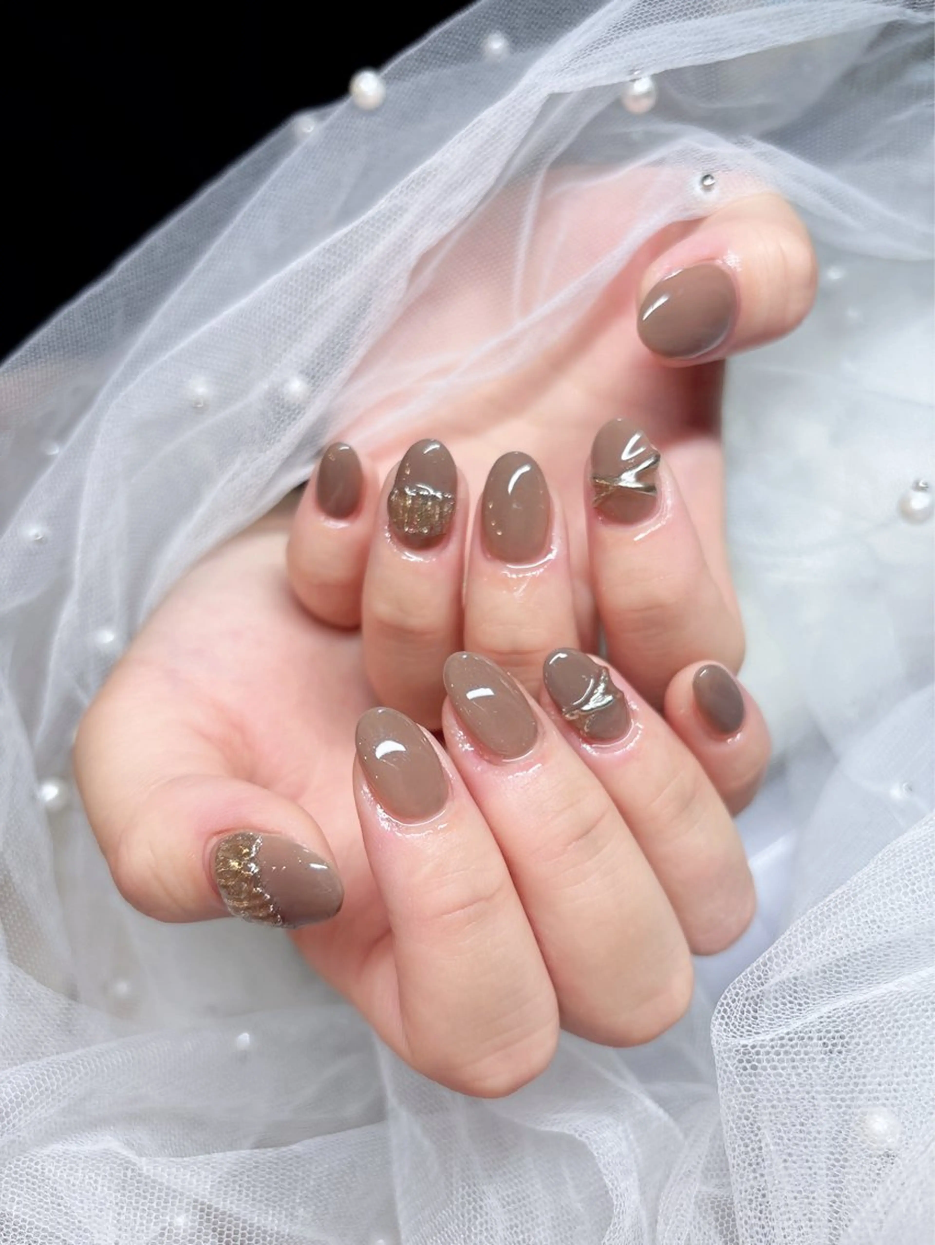 ネイル アートネイル ブラウン ジェルネイル ロングネイル スカルプネイル ハンドネイル happiness nailのネイルデザイン