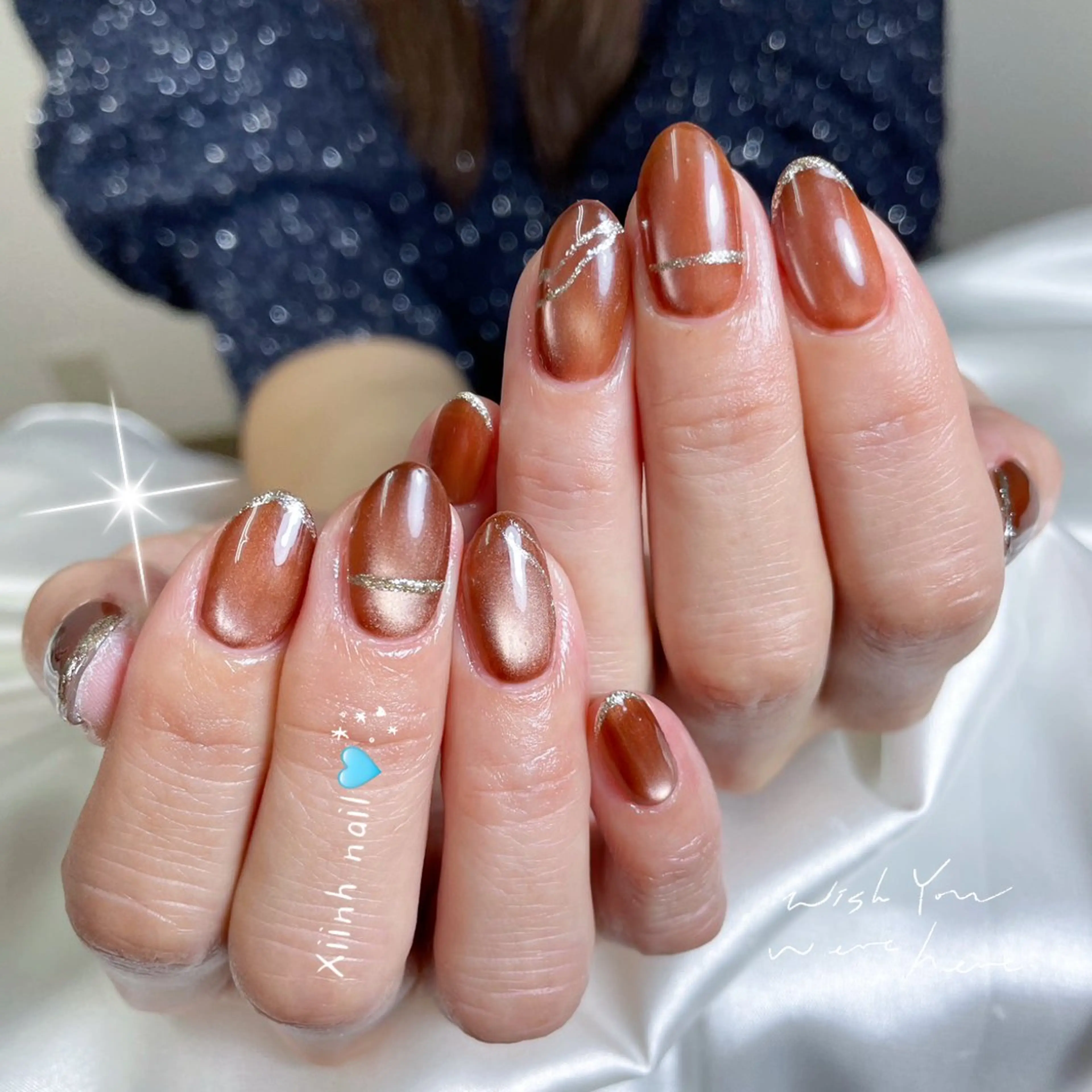 ネイル ブラウン チークネイル 桜ネイル 長さ出し フットネイル ハンドネイル XIINH NAIL SALONのネイルデザイン