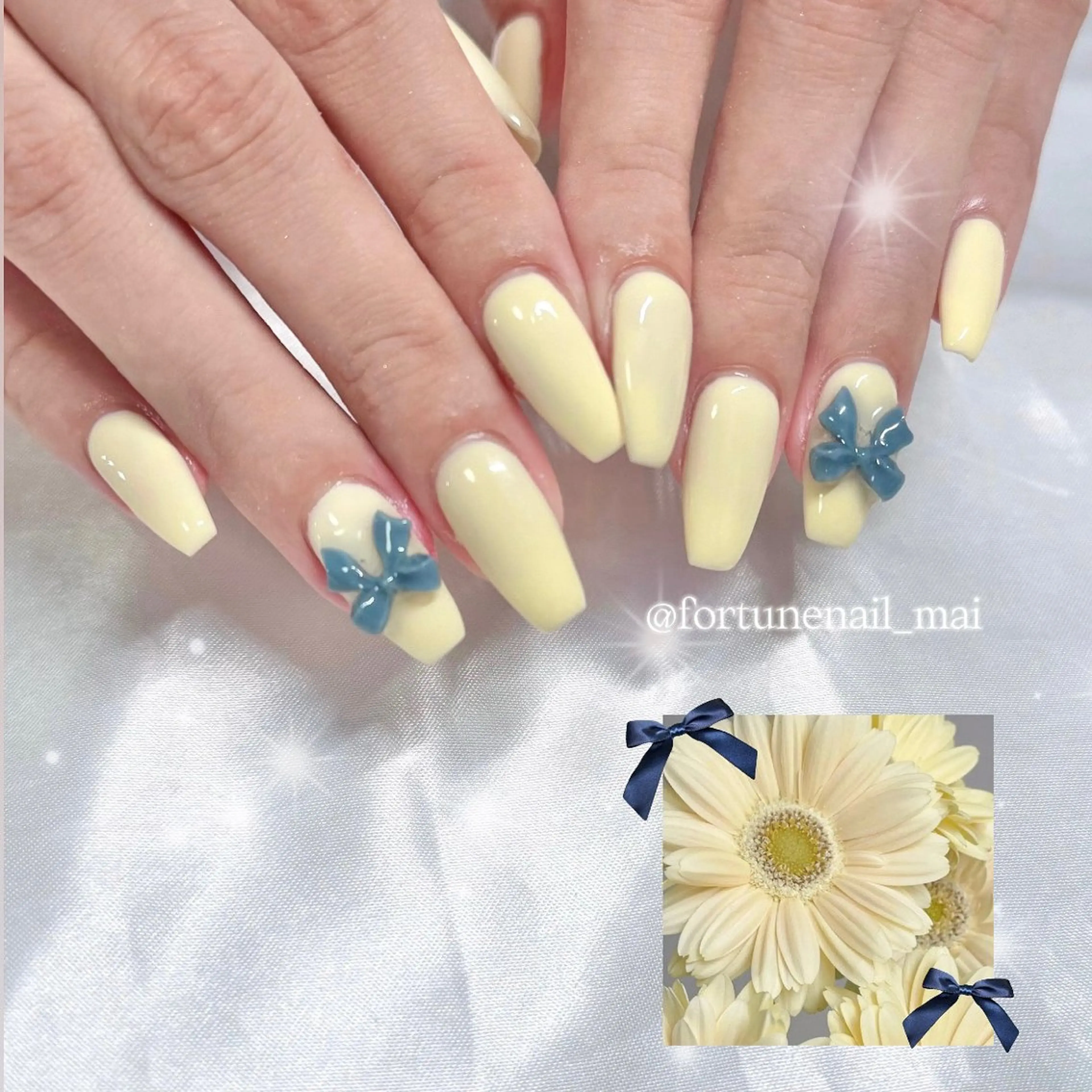 ネイル リボン 黄色 ハンドネイル 🎀Mai 🎀のネイルデザイン