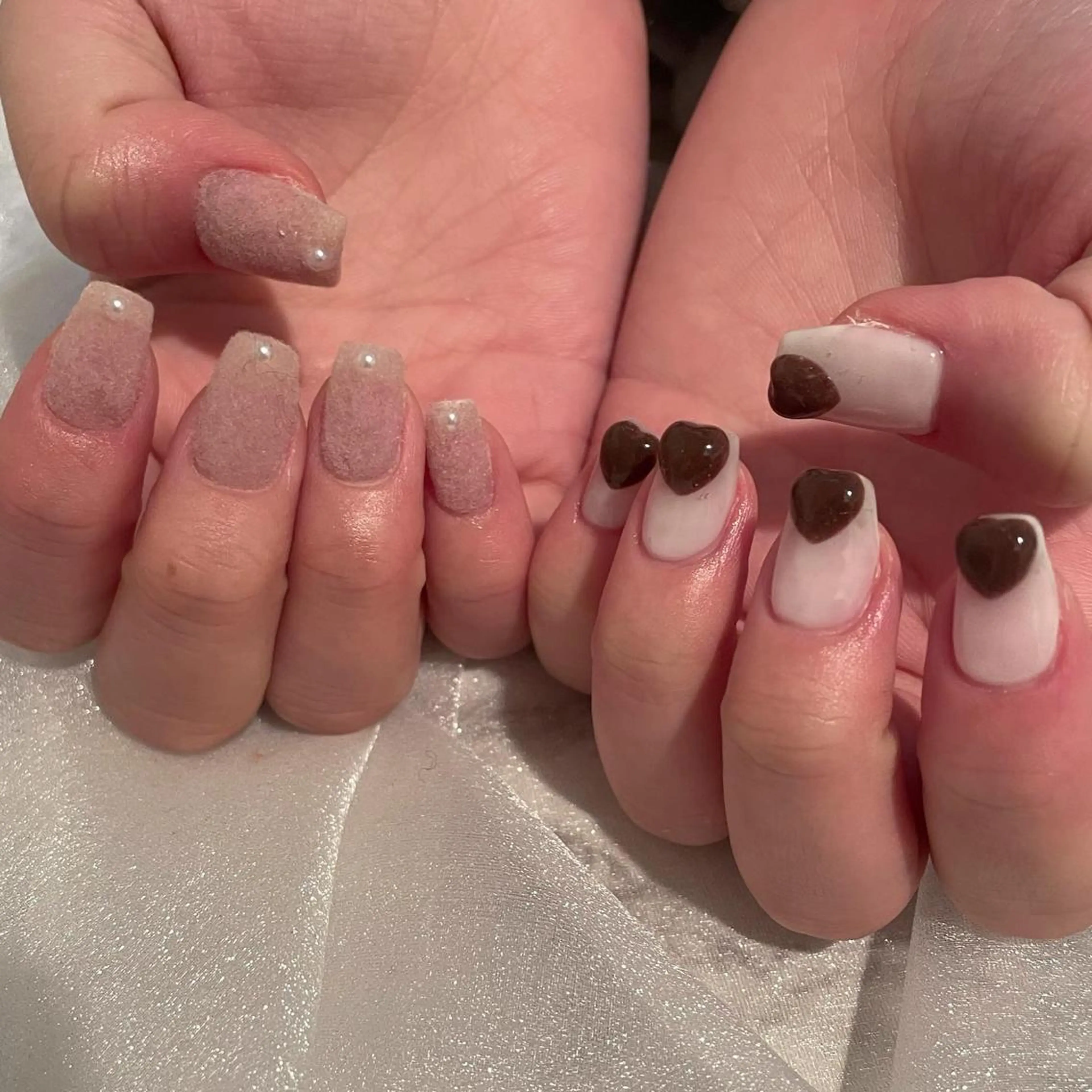 ネイル ブラウン フレンチネイル ガーリー ハート ピンク ハンドネイル ハンドケア lyly.nail所属・lylynail YUUKAのネイルデザイン