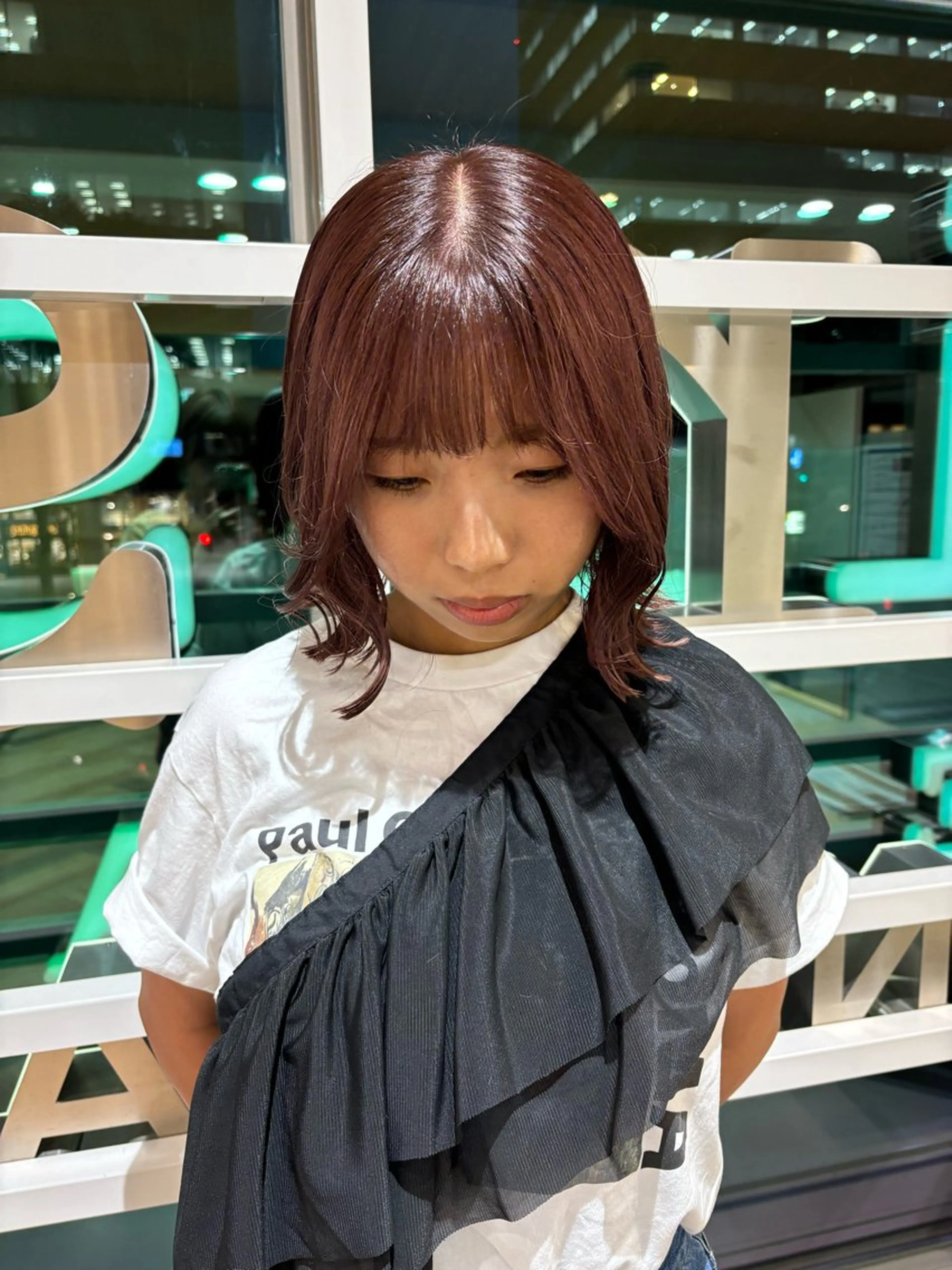 ミディアム カラー ブラウンカラー ピンクカラー ピンクブラウン カット ヘアカラー 優衣/パーマ/レイヤ ー/似合わせカラーのヘアスタイル