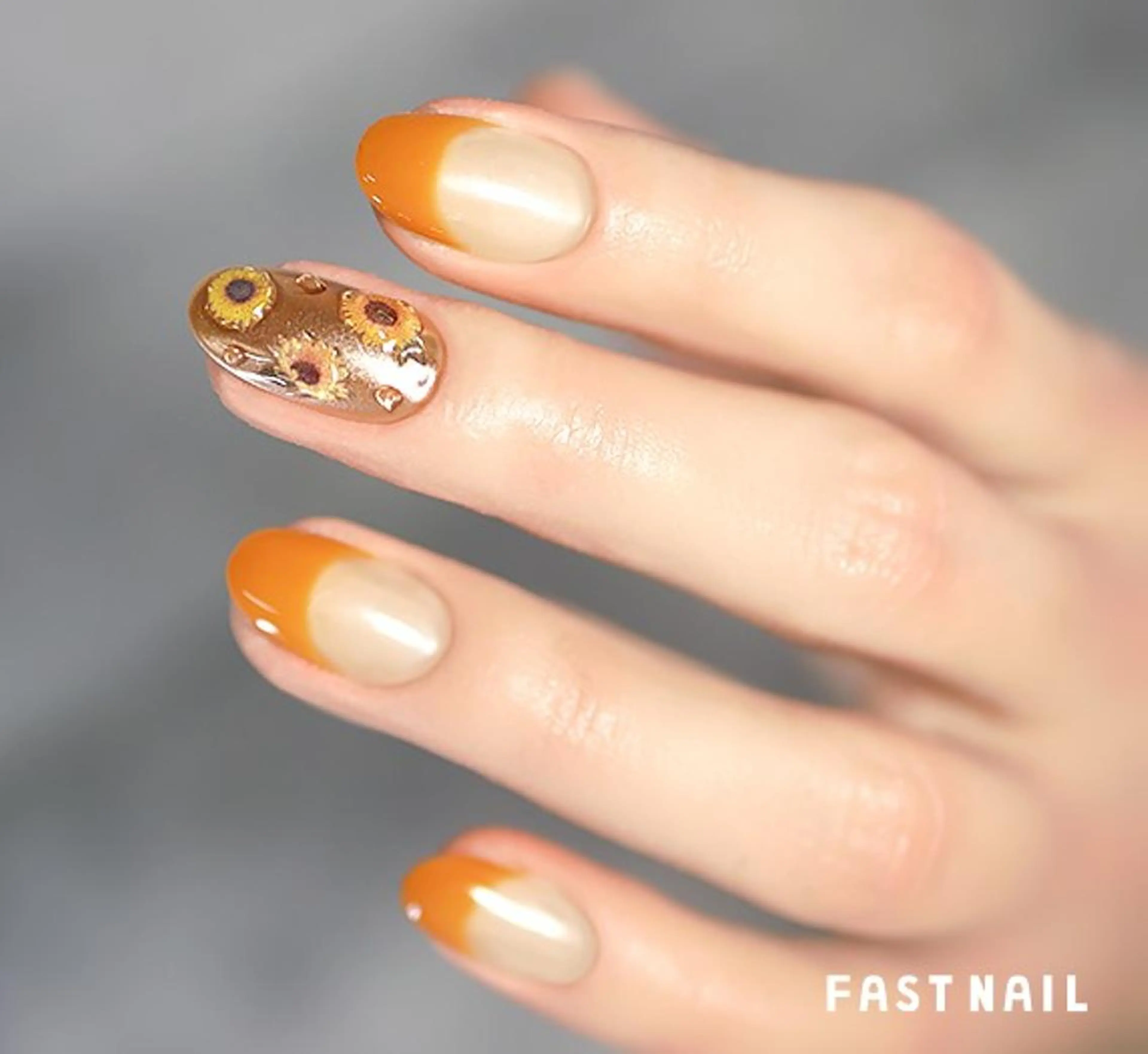 ネイル フレンチネイル ミラーネイル オレンジ ストーンネイル 夏ネイル ハンドネイル FASTNAIL LOCO東大和店のネイルデザイン