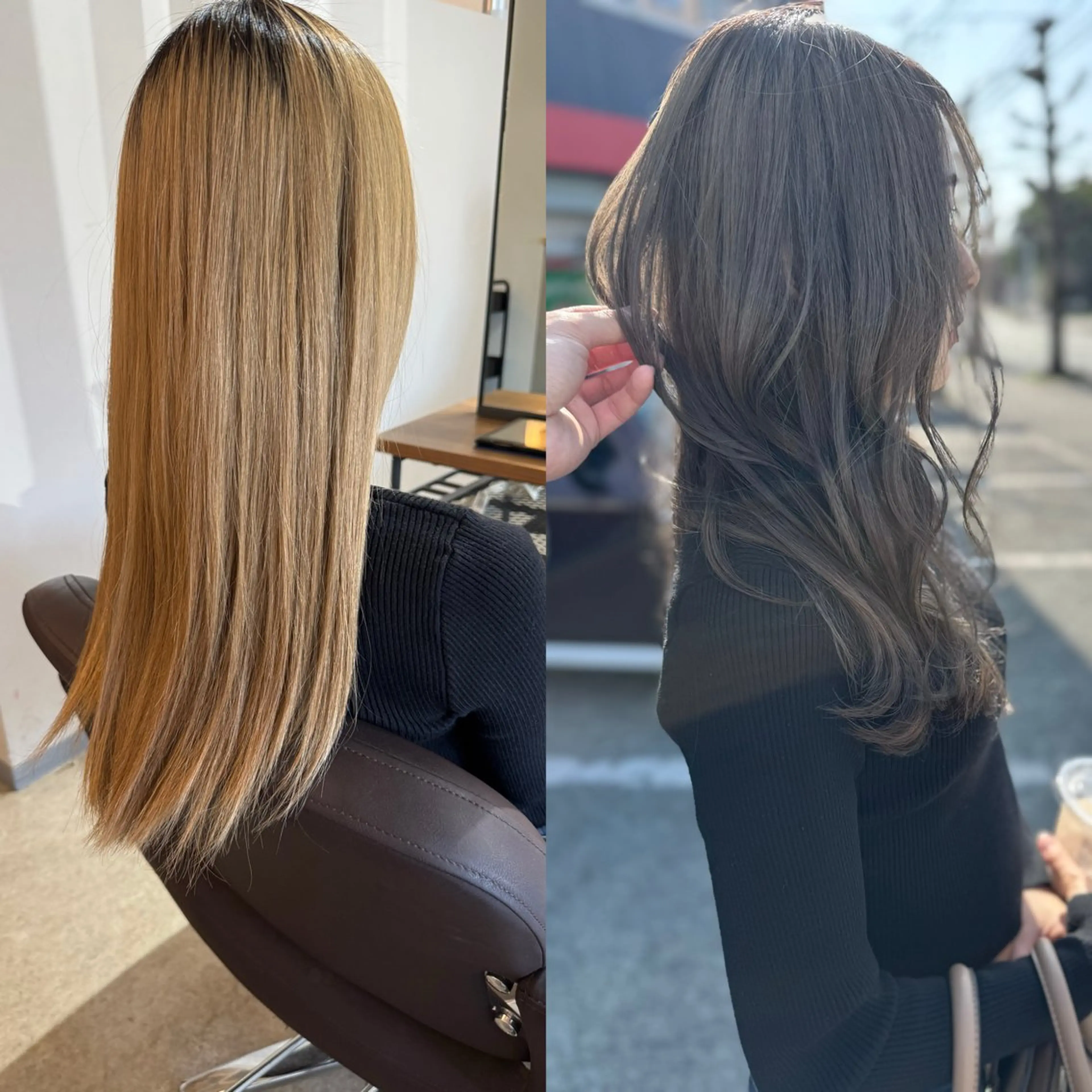 ロング ボブ 韓国風ヘア レイヤーカット ロング 縮毛矯正 カット ヘアカラー トリートメント ✨艶ブリーチカラー✨ ✨艶髪ストレート✨のヘアスタイル
