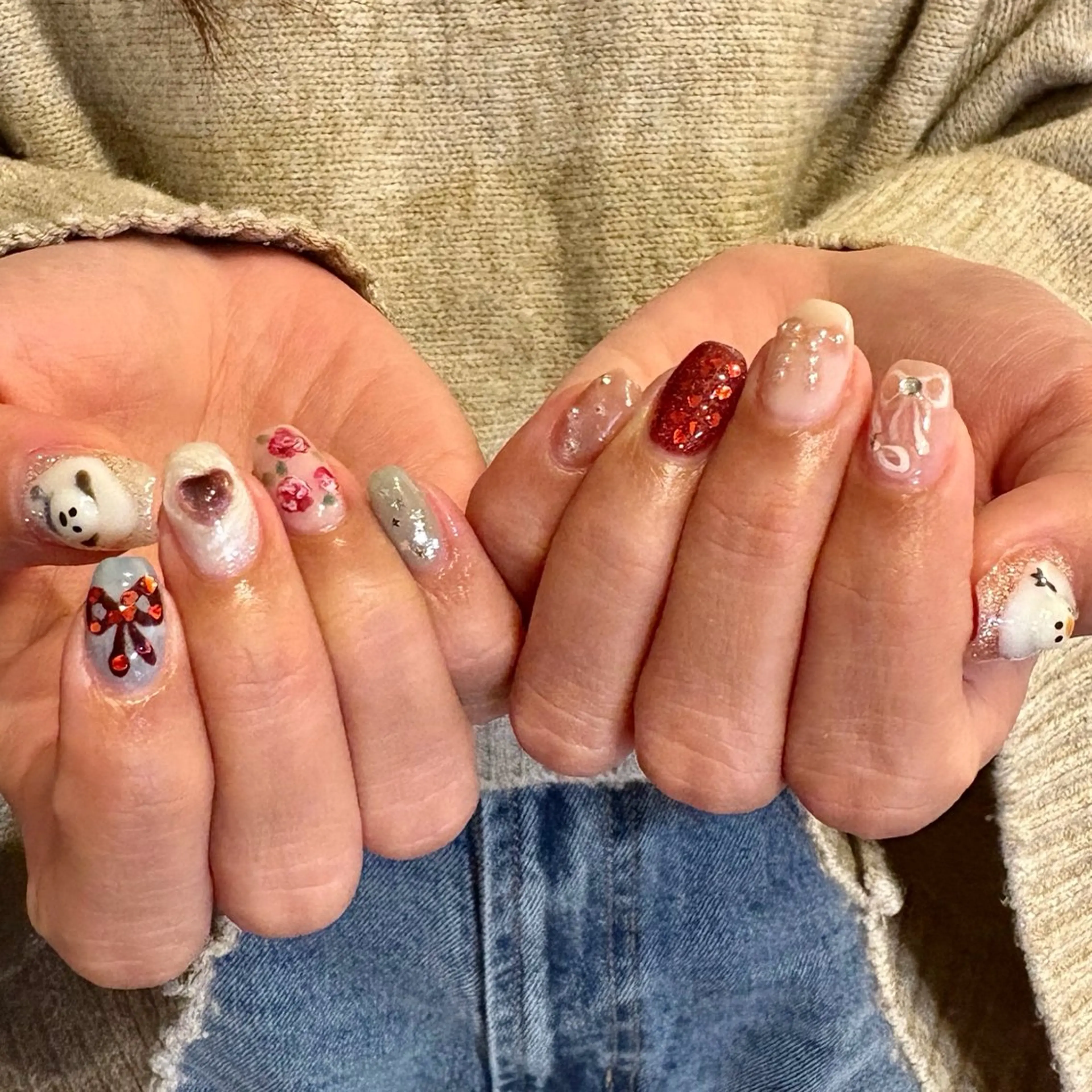 ネイル 韓国ネイル マグネットネイル ニュアンスネイル リボン 冬ネイル ハンドネイル nail amuseのネイルデザイン