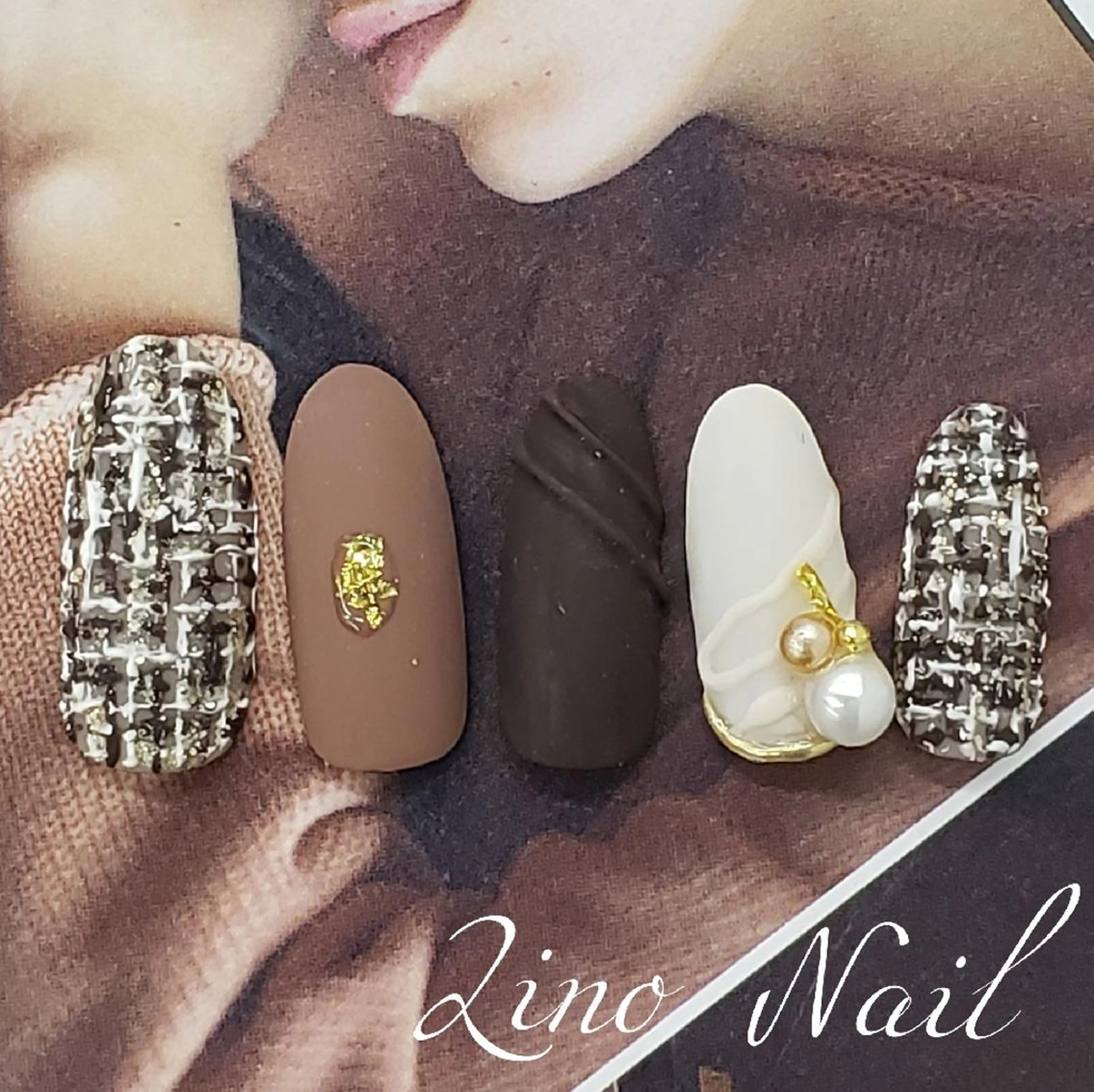 ネイル ブラウン カジュアル ジェルネイル ガーリー キラキラネイル ハンドネイル Lino Nailのネイルデザイン