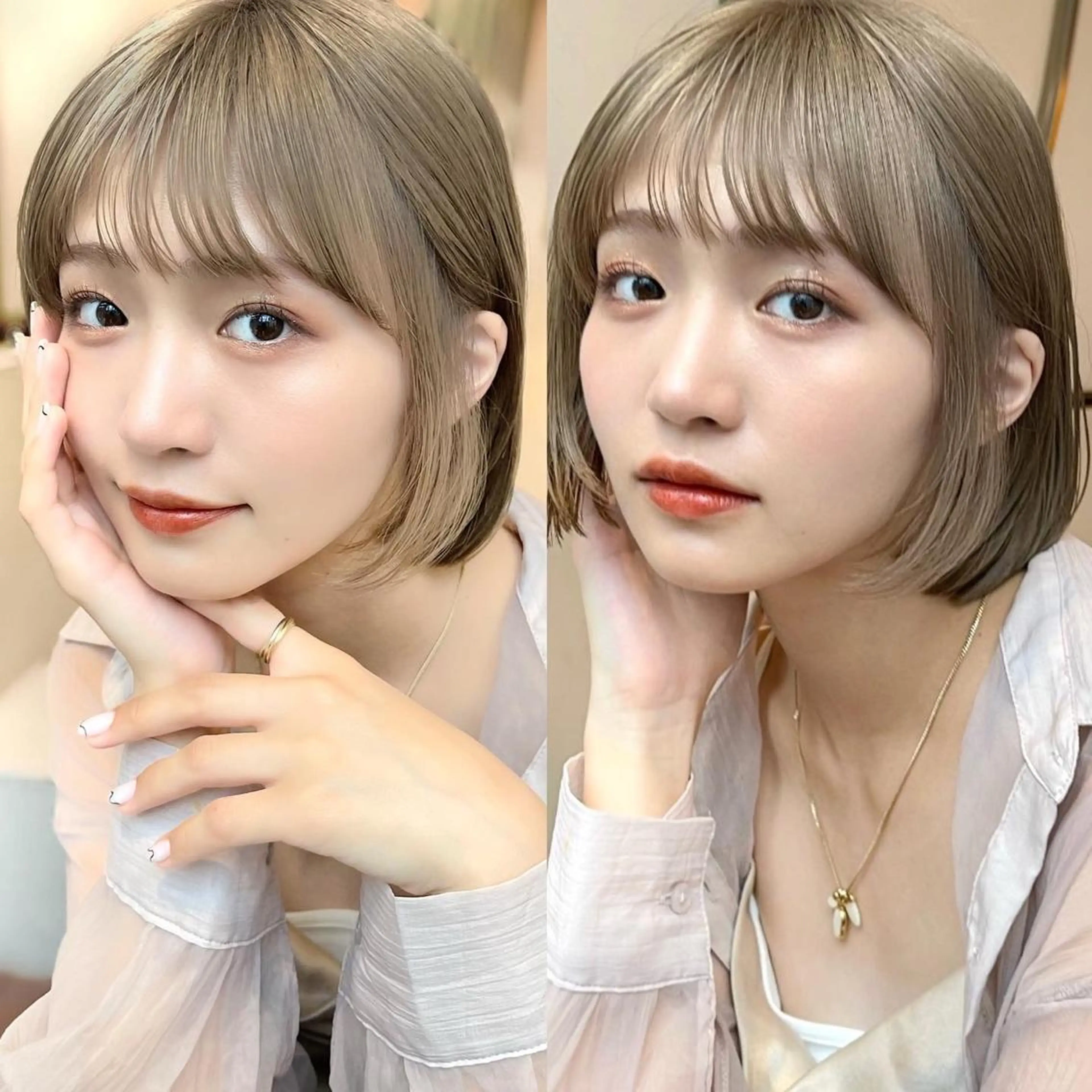 ショート カラー 切りっぱなしボブ 前下がりボブ ベージュカラー ブリーチ グレージュ カット ヘアカラー トリートメント ニュアンスレイヤー ハイトーンカラーのヘアスタイル