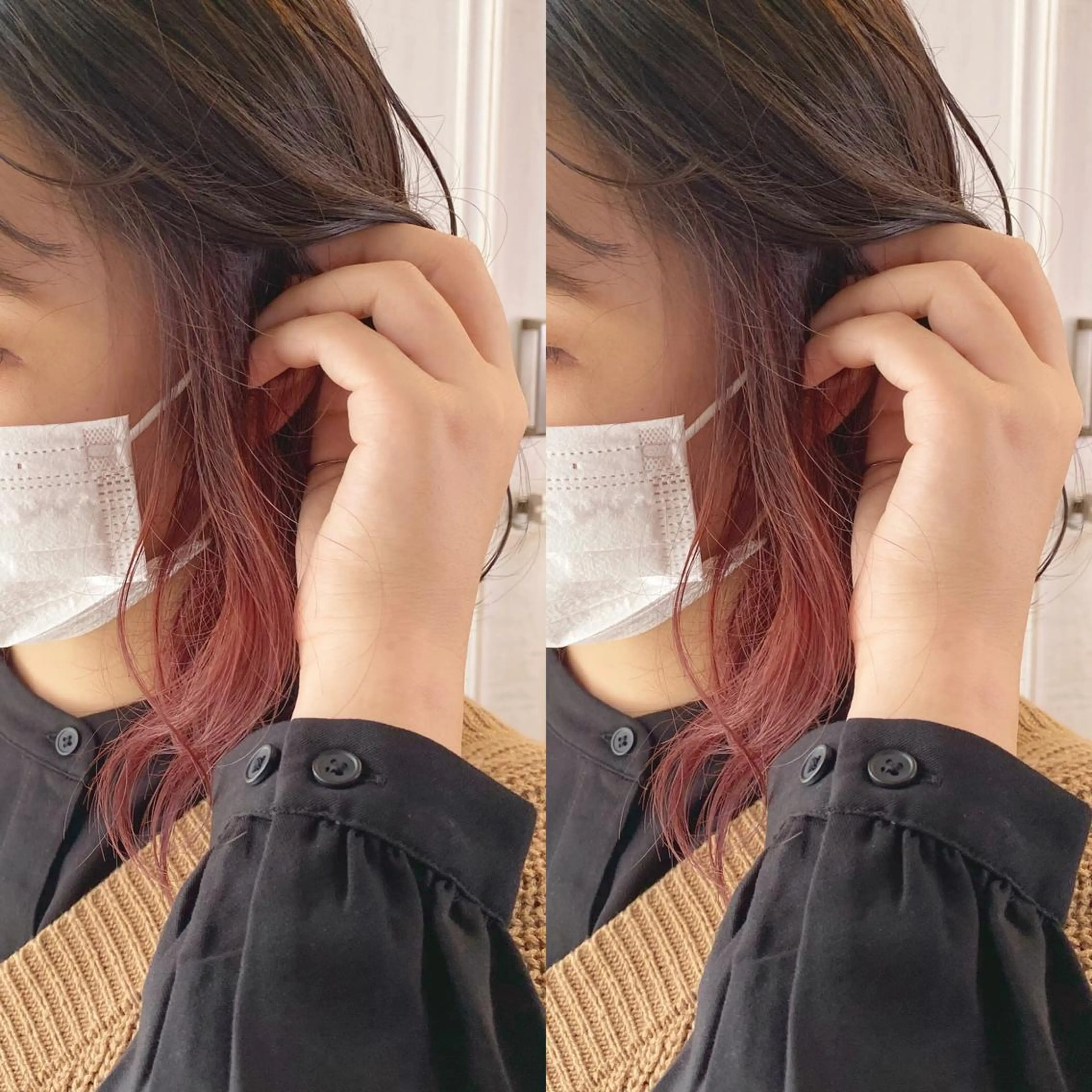 セミロング カラー ブリーチ レッドカラー しゅうさん🍝 麻田秀太郎のヘアスタイル