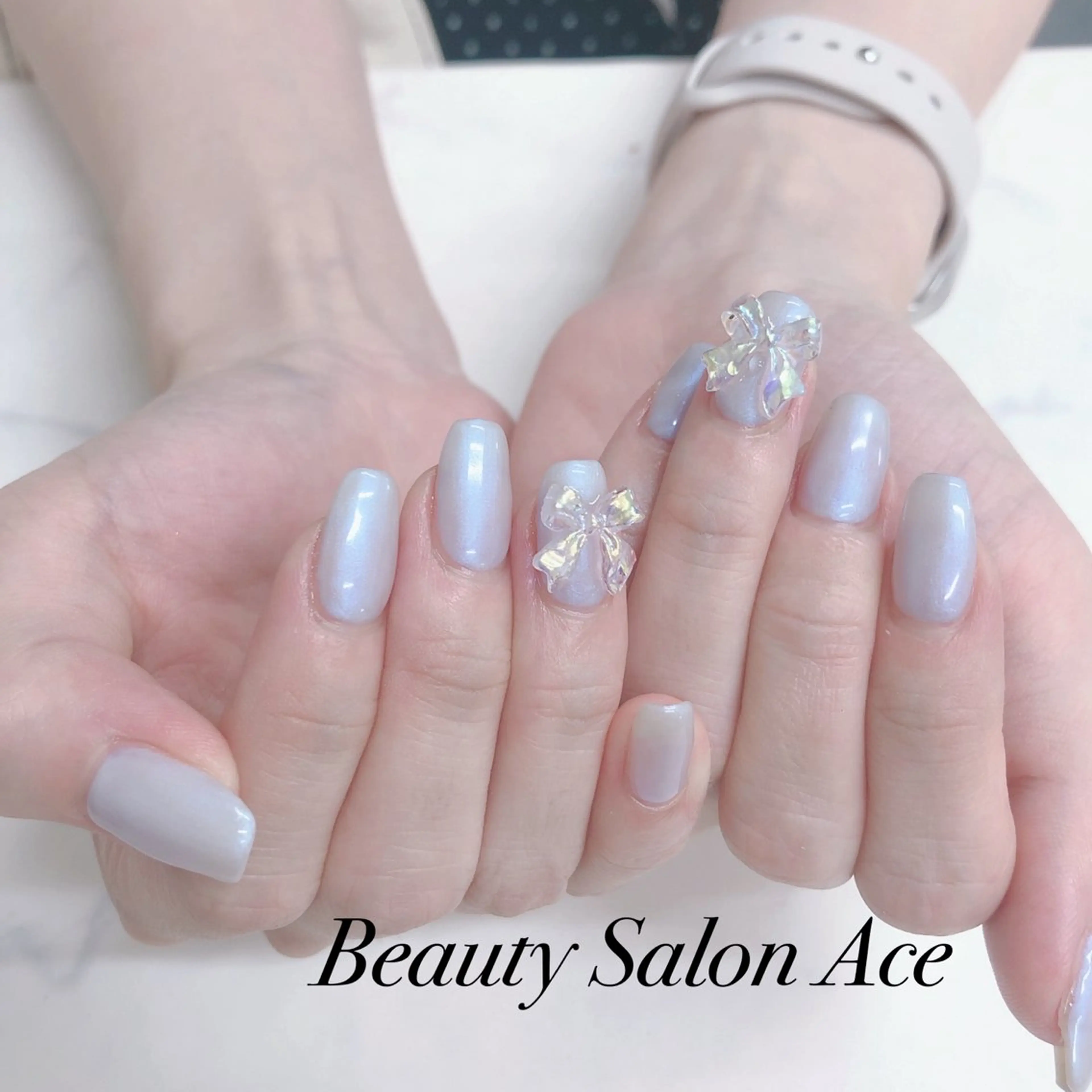 ネイル メンズネイル ワンカラーネイル リボン 夏ネイル ハンドネイル ハンドケア Beauty Salon Ace（ネイルサロン　エース）所属・池袋フィルイン Ace♡長さだしのネイルデザイン