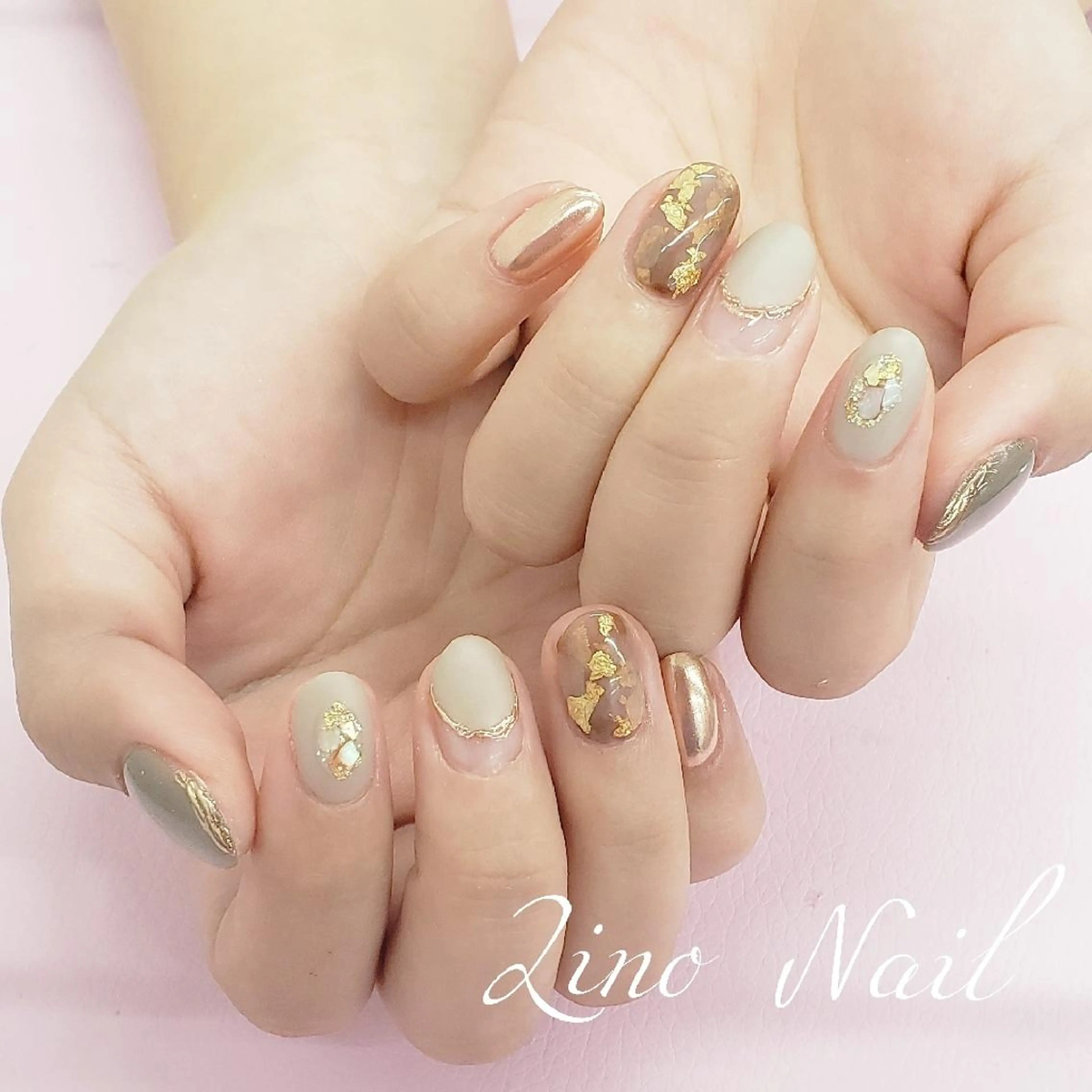 ネイル ブラウン カジュアル フレンチネイル ジェルネイル キラキラネイル ハンドネイル Lino Nailのネイルデザイン