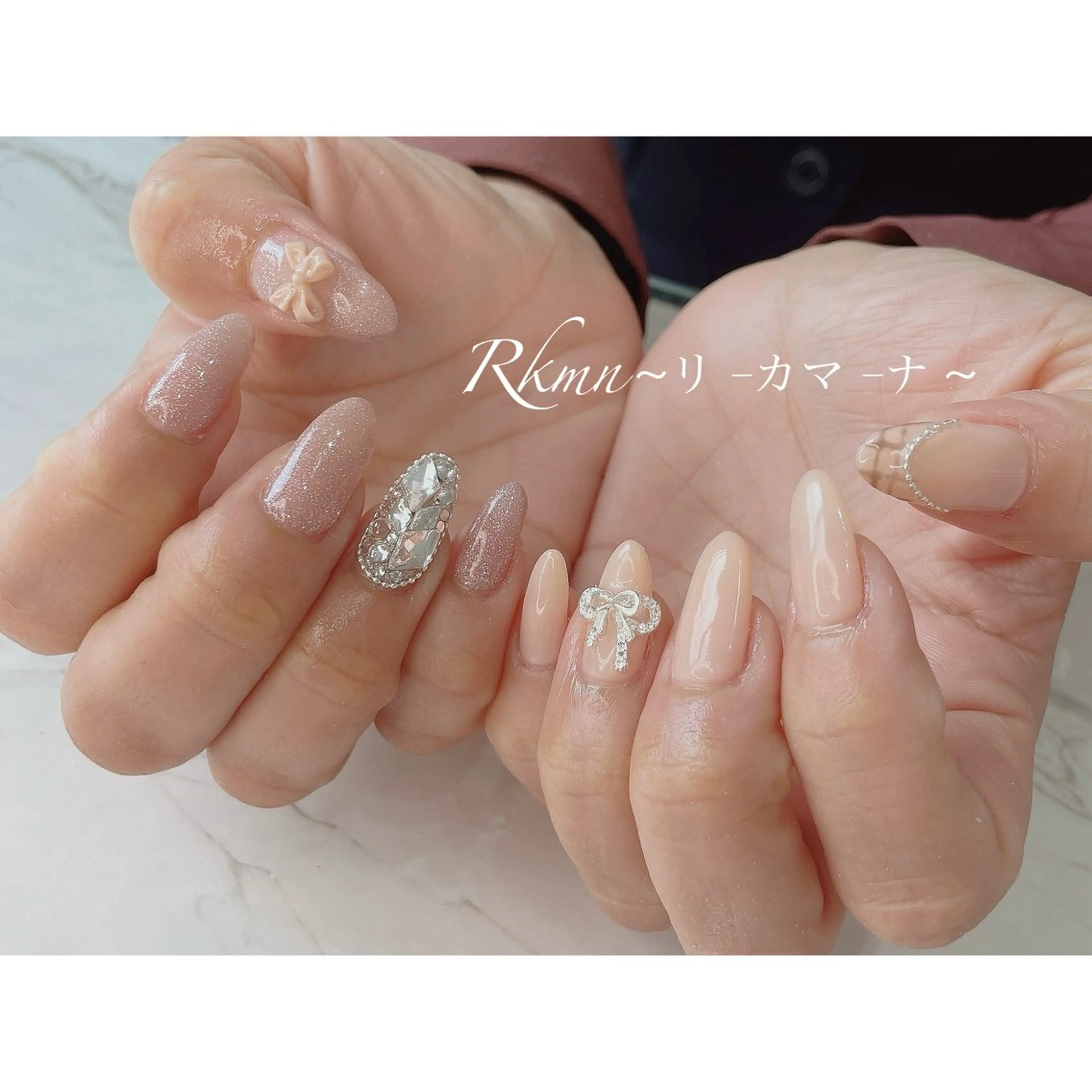 ネイル アートネイル フレンチネイル ピンク ピンクベージュ リボン ハンドネイル フットネイル ハンドケア Rkmn ~リ-カマ-ナ~のネイルデザイン