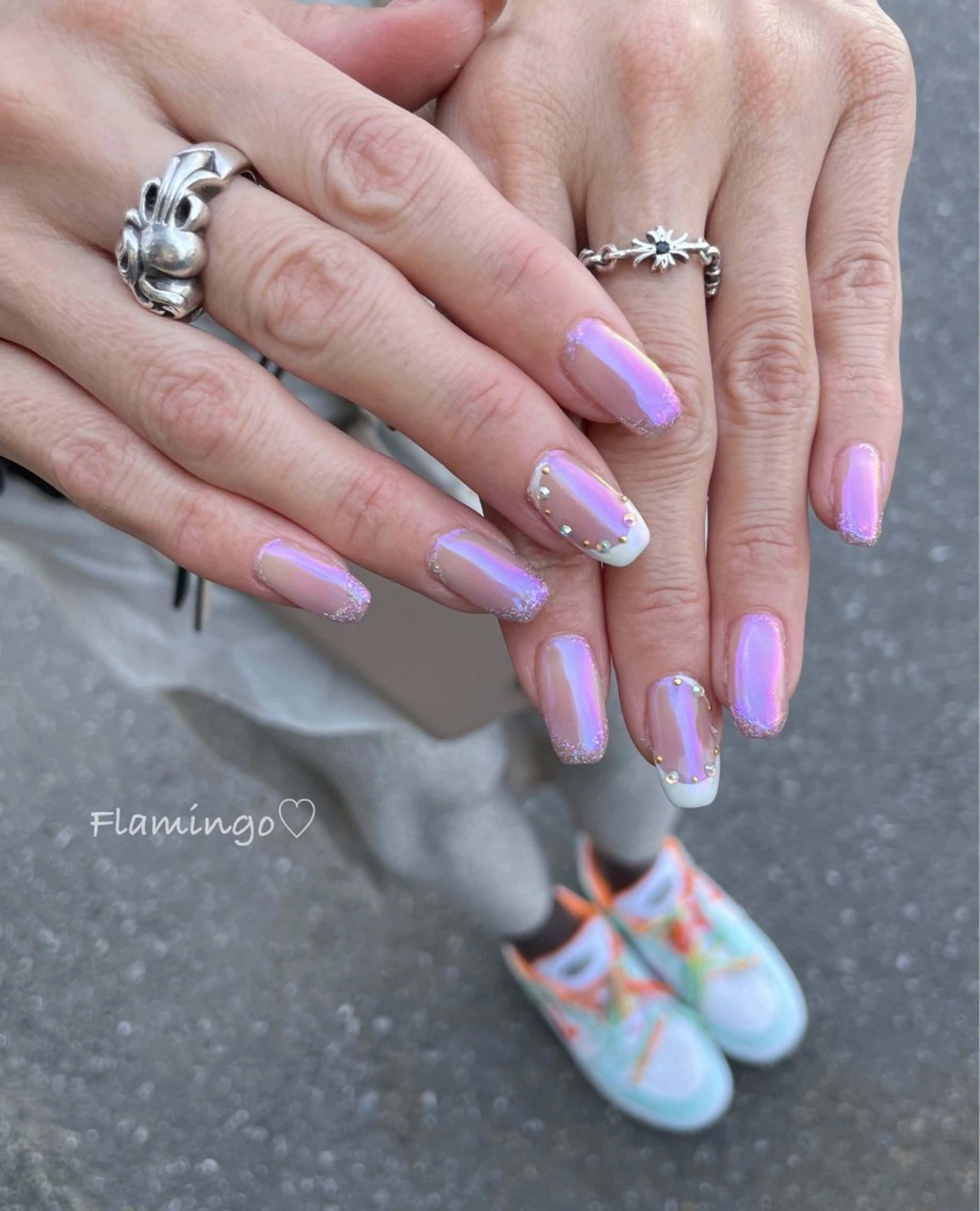 ネイル フレンチネイル キラキラネイル ラメ(グリッター) ミラーネイル ピンク ハンドネイル シンプル／上品／爪育 ☺︎Flamingoのネイルデザイン