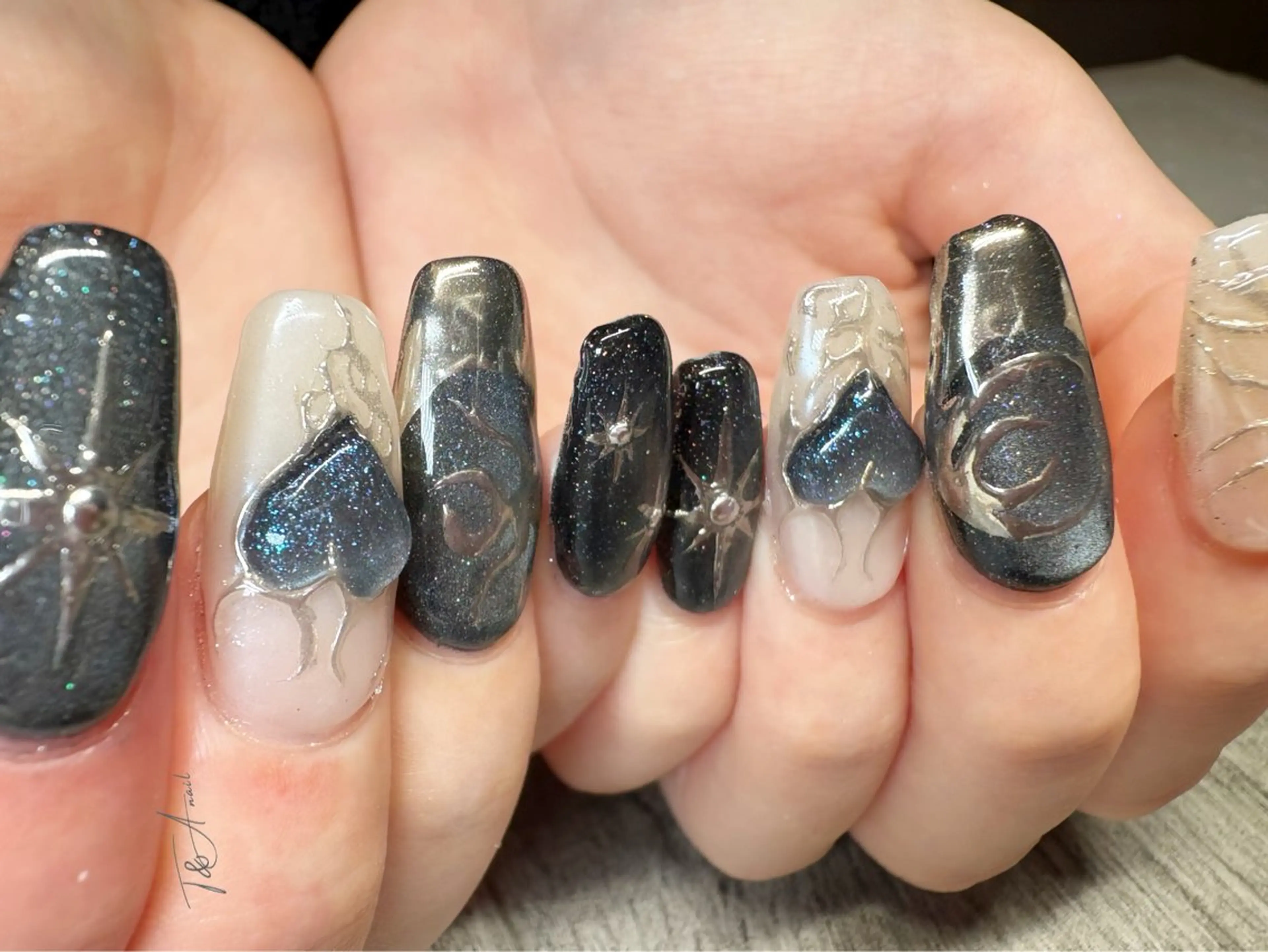 ネイル 長さ出し ジェルネイル ハート キラキラネイル マグネットネイル ハンドネイル T&A nailのネイルデザイン