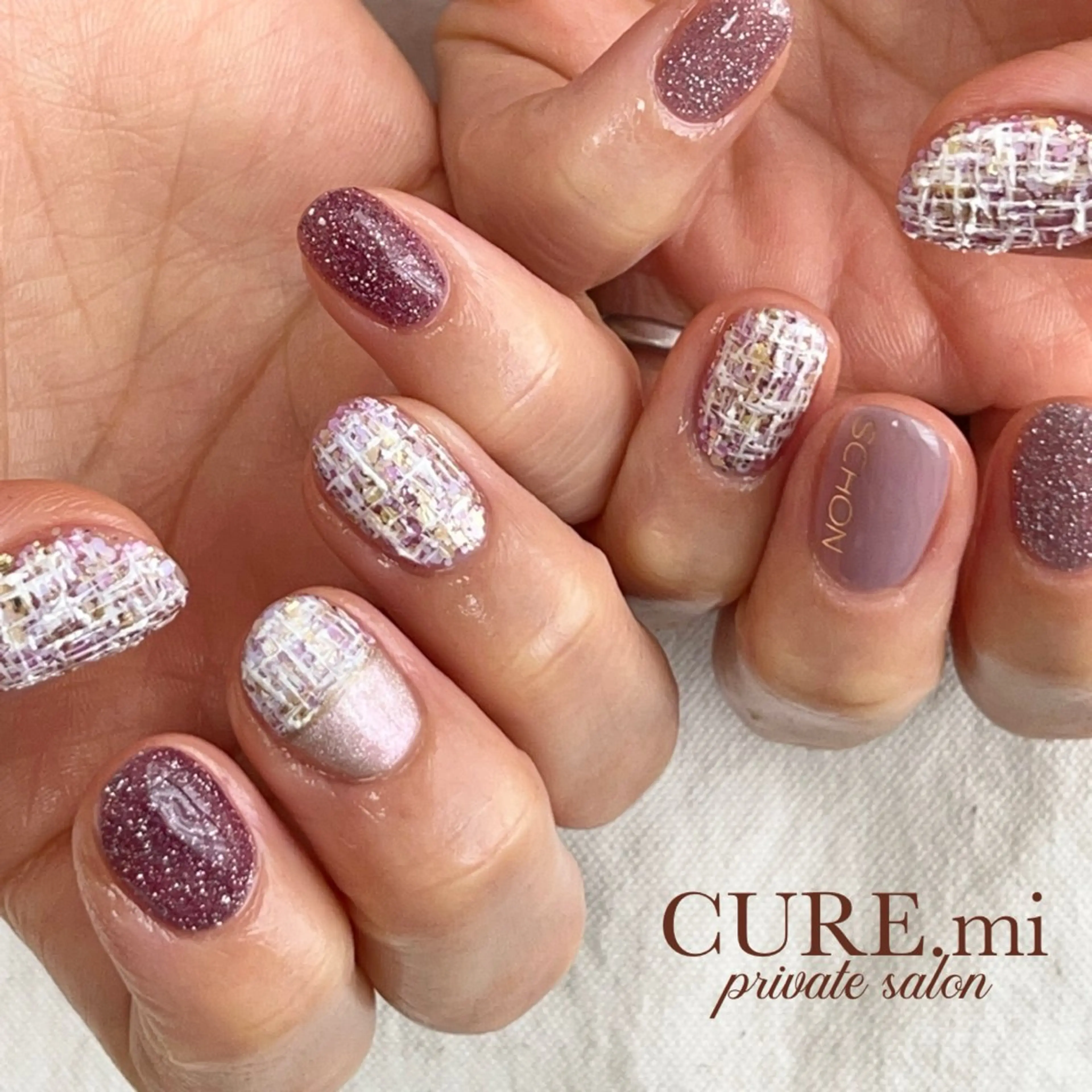 ネイル フラッシュネイル ピンク ツイードネイル ハンドネイル ハンドケア CURE.mi所属・伊藤 美香のネイルデザイン