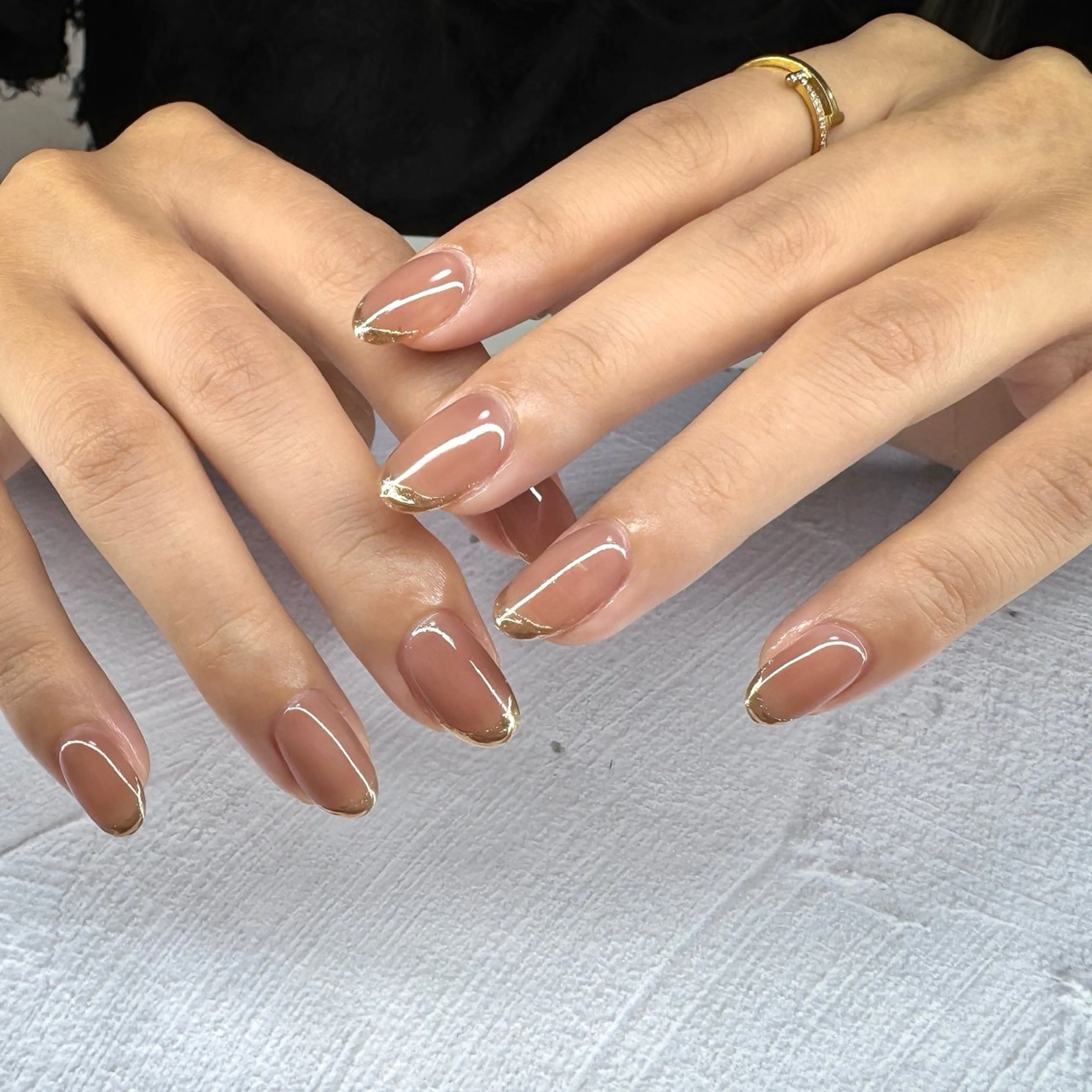 ネイル ブラウン フレンチネイル ゴールド ミラーネイル ハンドネイル pointillé .ayaのネイルデザイン