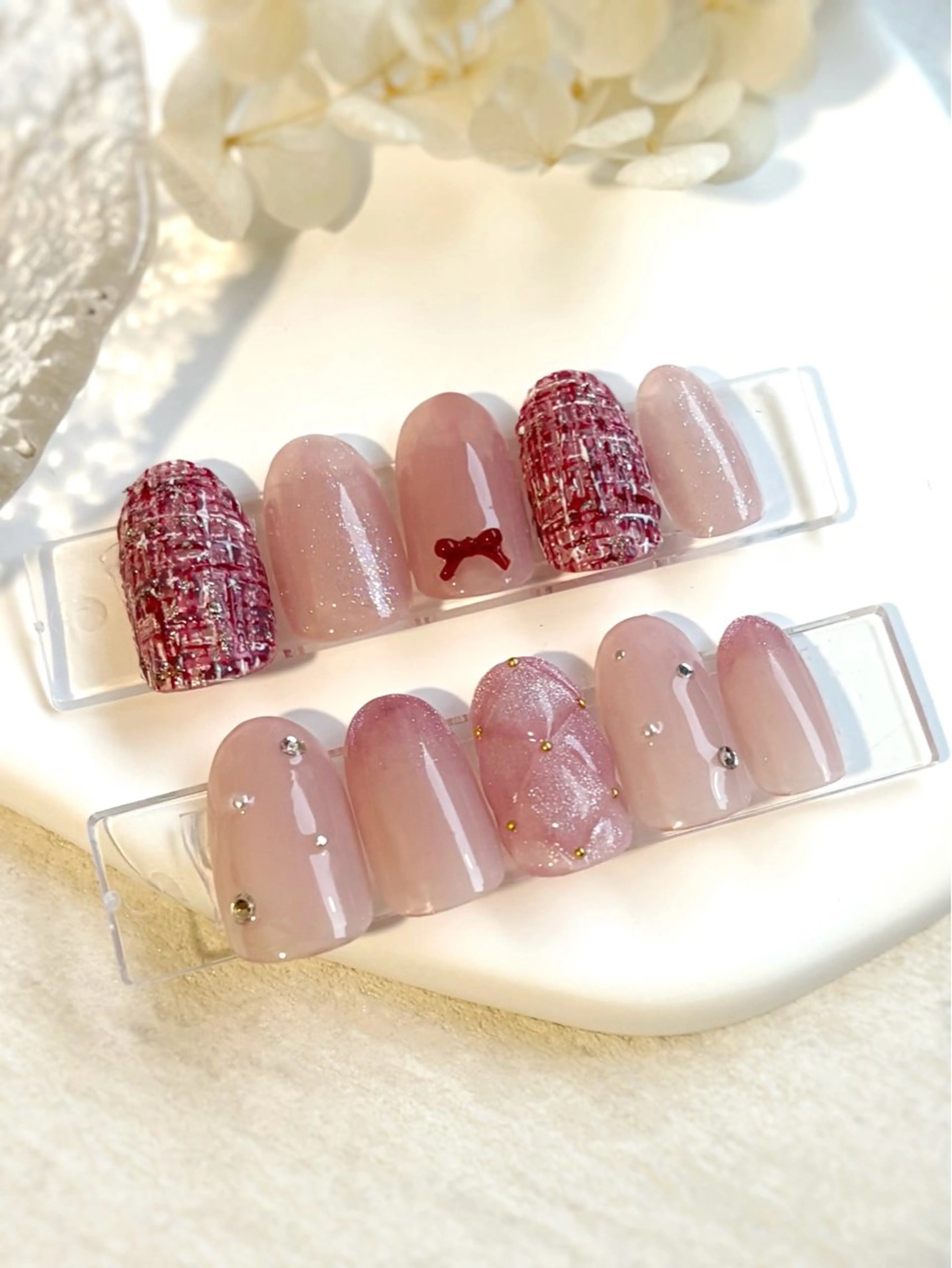 ネイル ジェルネイル ガーリー パラジェル ピンク ツイードネイル ハンドネイル 【 Miary 】 パラジェル認定サロンのネイルデザイン