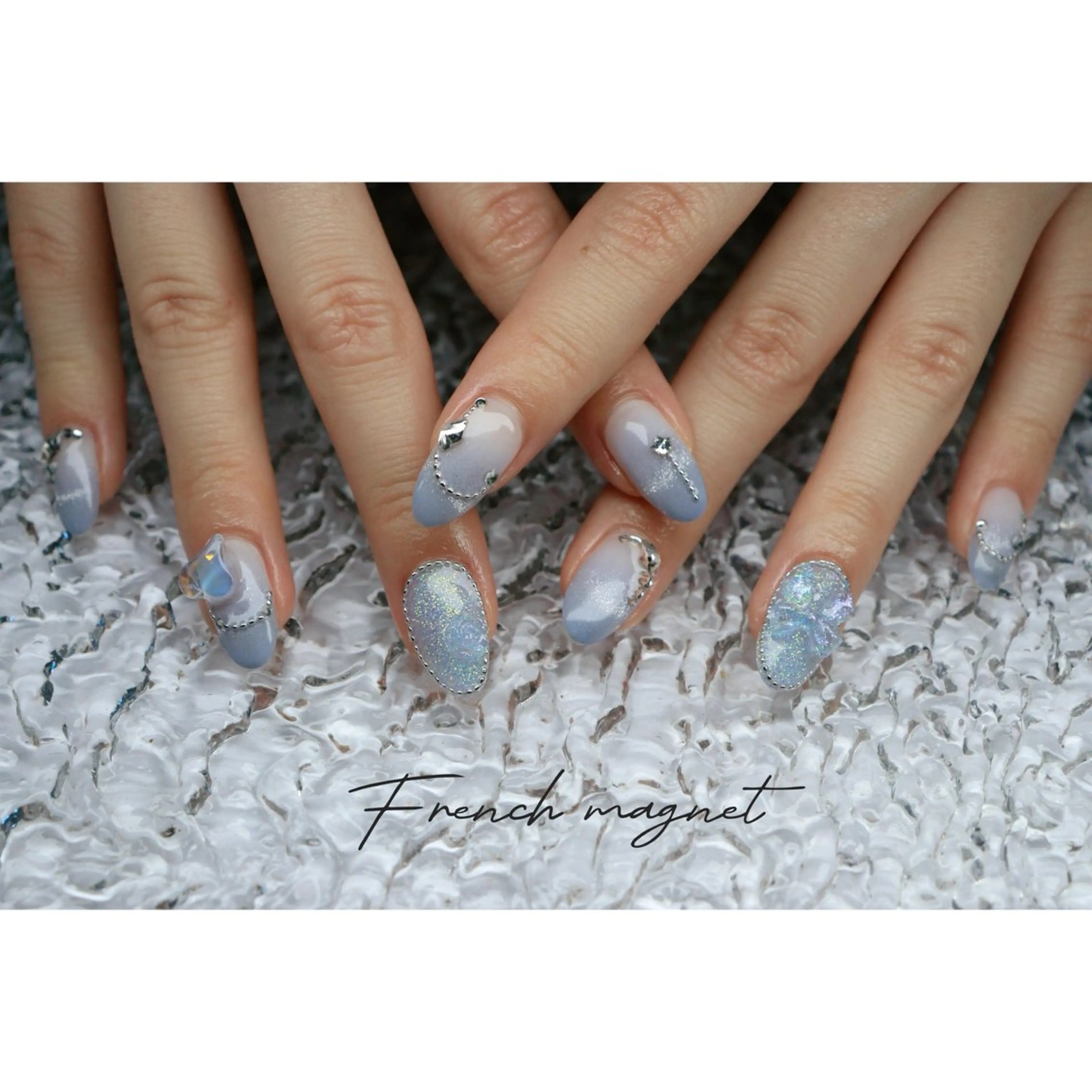 ネイル ブルー フレンチネイル マグネットネイル マグネットフレンチ ハンドネイル mapple nailのネイルデザイン